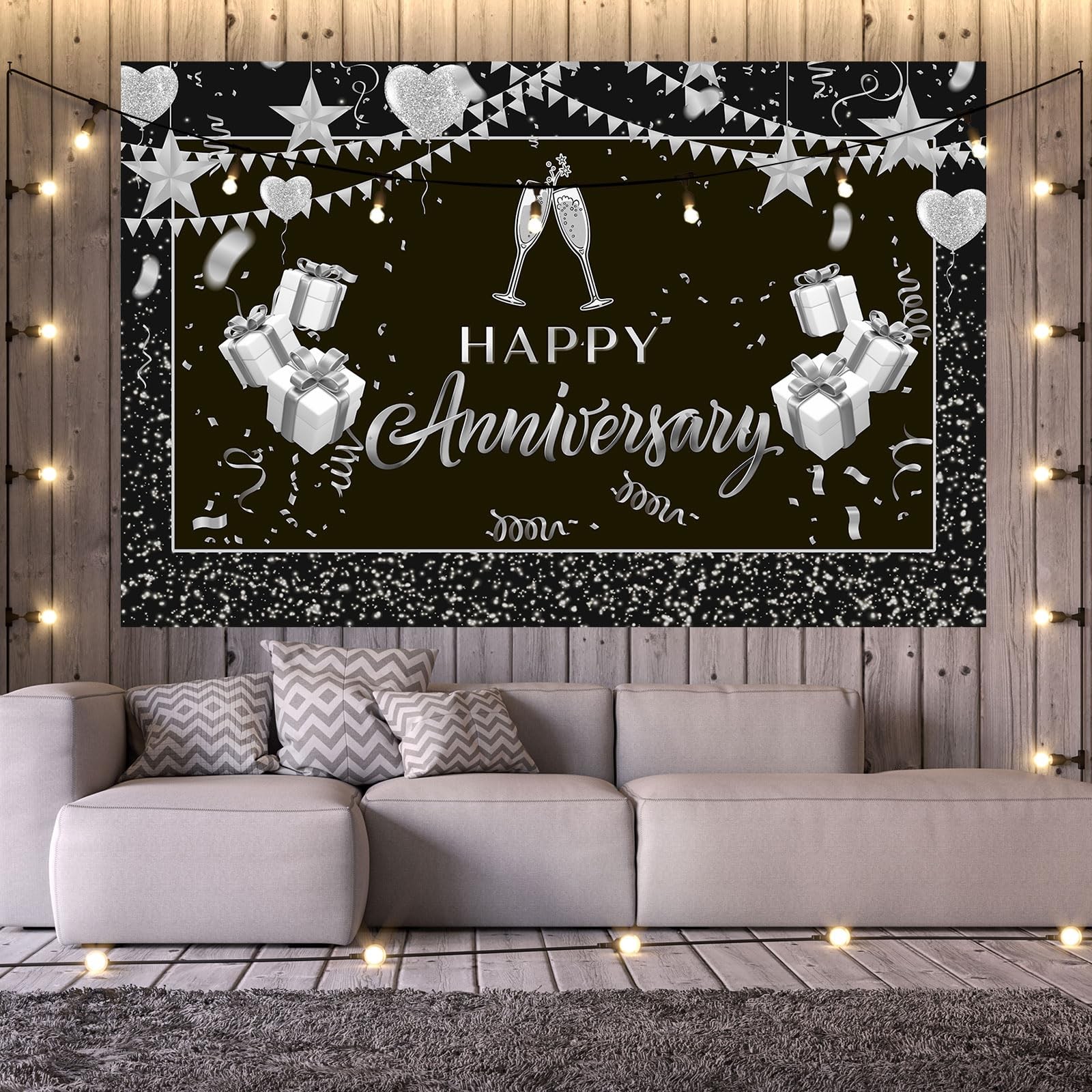 Happy Anniversary Backdrop Wedding Banner Poster Black, Silver