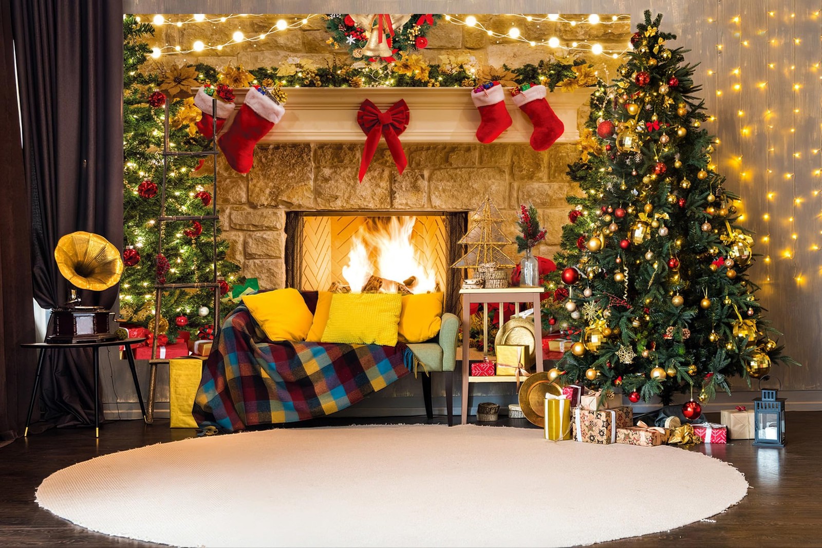 Christmas Backdrop Fireplace Photo Background Tree Theme Party 12804 82×59 In
