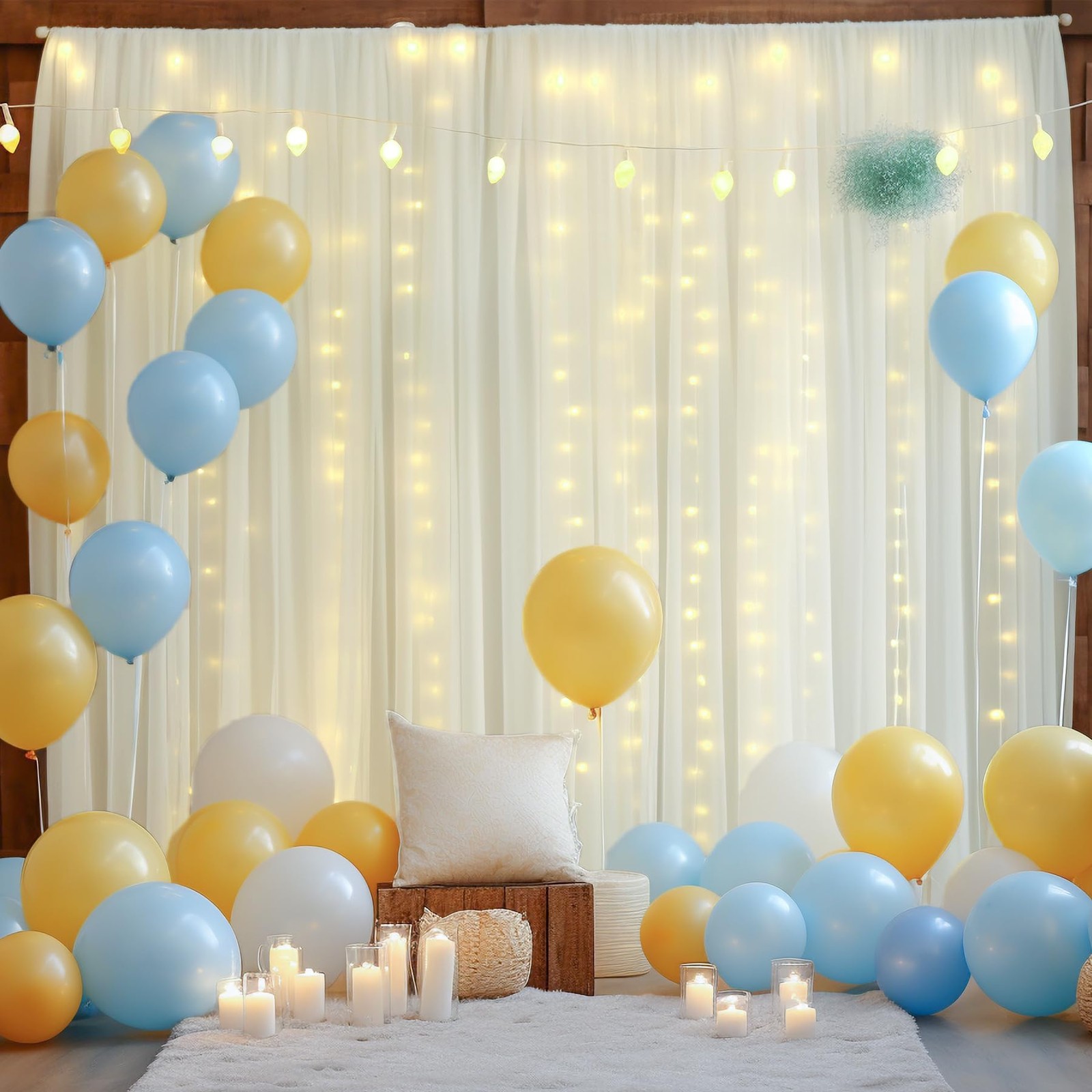 10×8ft Ivory Tulle Curtain Backdrop with Lights String for Parites, Sheer Bac…