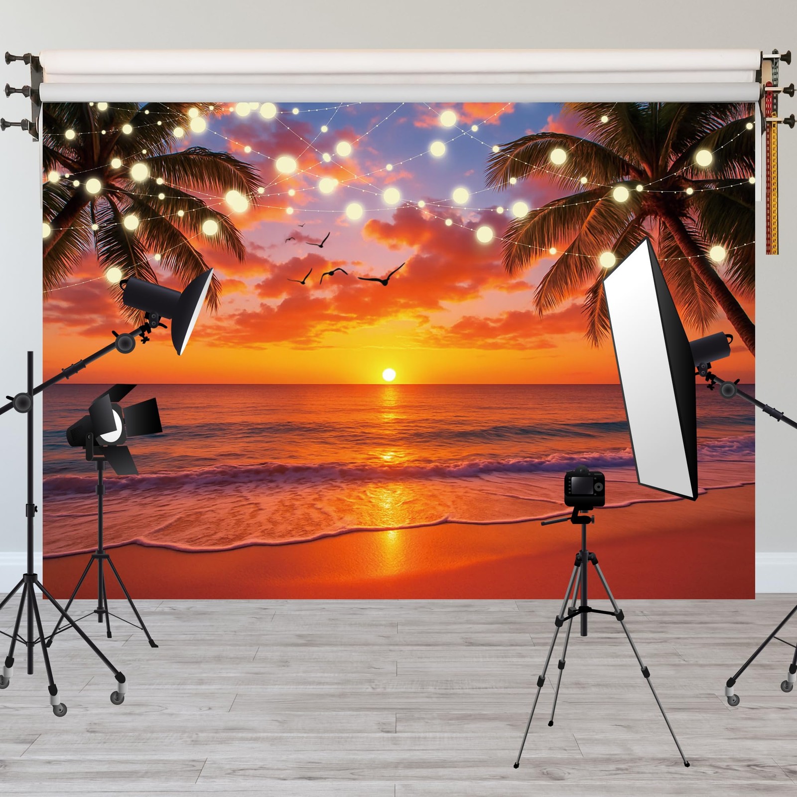 Summer Sunset Beach Backdrop Hawaiian Tropical Palm Leaves 7x5ft Polyester