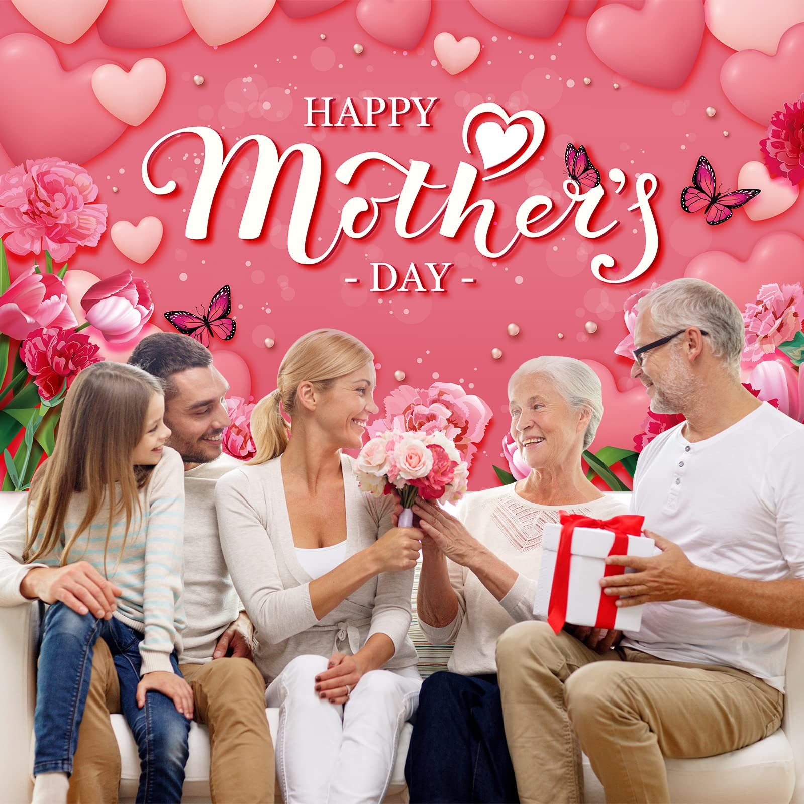 Happy Mother’s Day Banner 72.8 x 43.3 Inch Red Flowers Mothers Day Backdrop Larg
