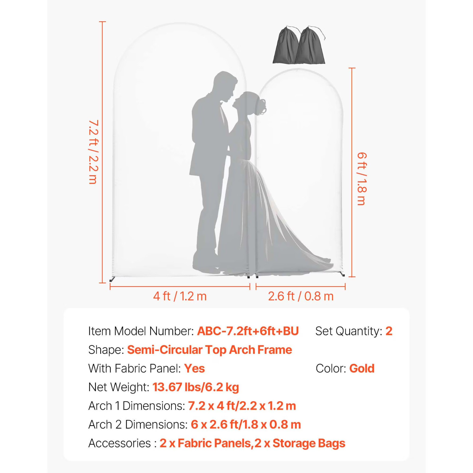 Metal Arch Backdrop Stand Set, Includes 7.2 ft and 6 ft Frames, Durable Design,