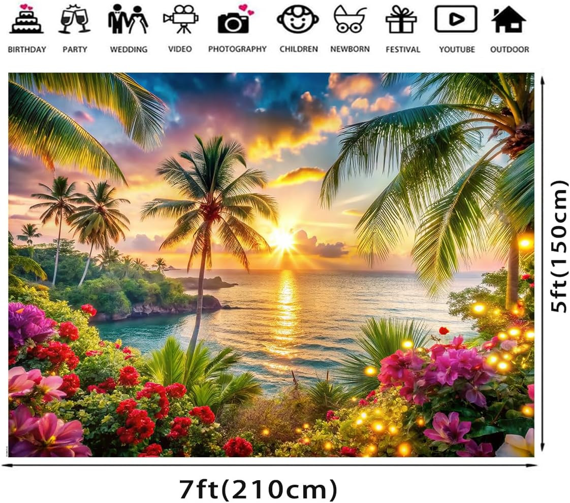 Beach Ocean Backdrop,Summer Hawaiian Beach Photography Backdrop,Palm Tree Sea Lu