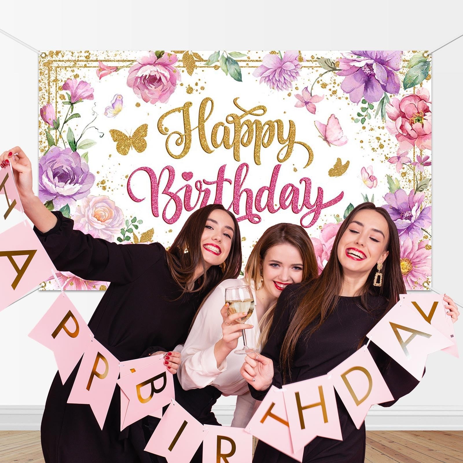 Happy Birthday Backdrop for Women Pink Floral Happy Birthday Party Decorations..