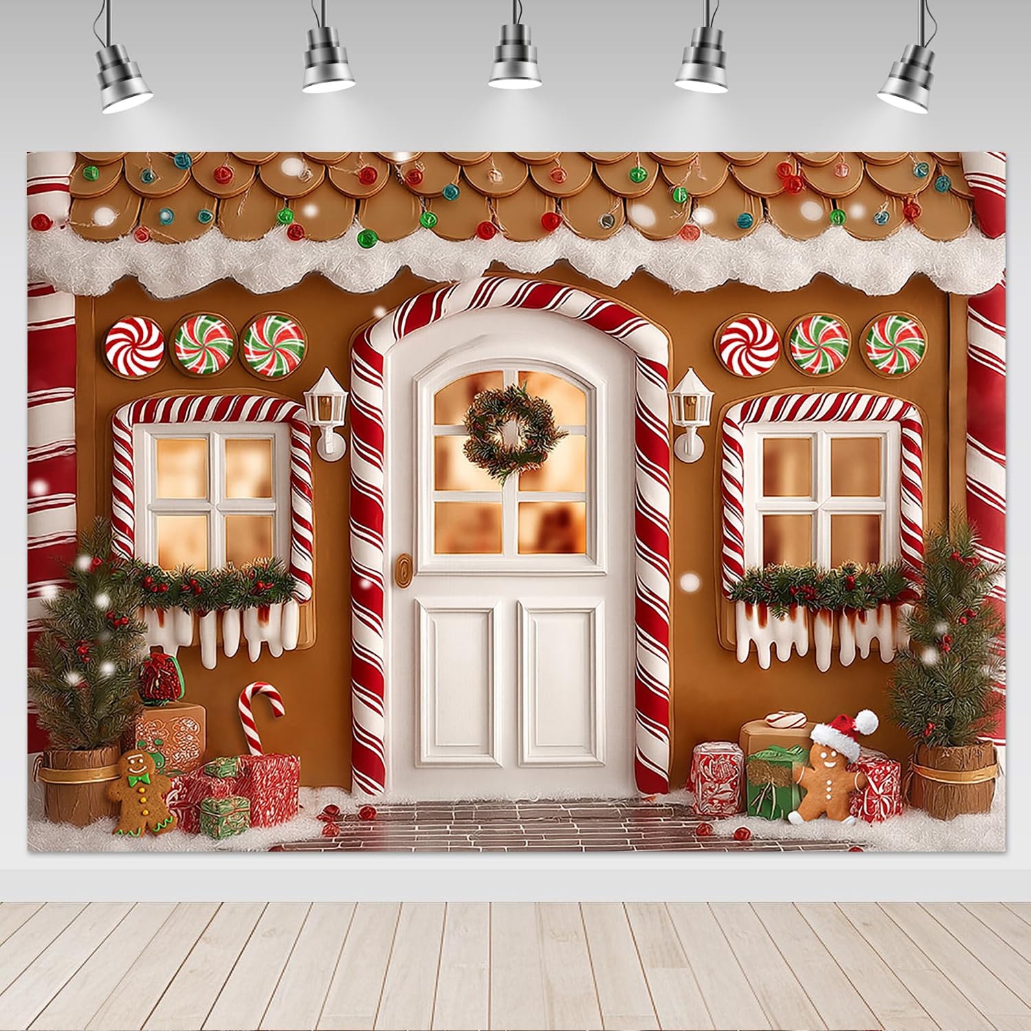 7x5FT Gingerbread Christmas Backdrop Candy Cane House Family Photo Props
