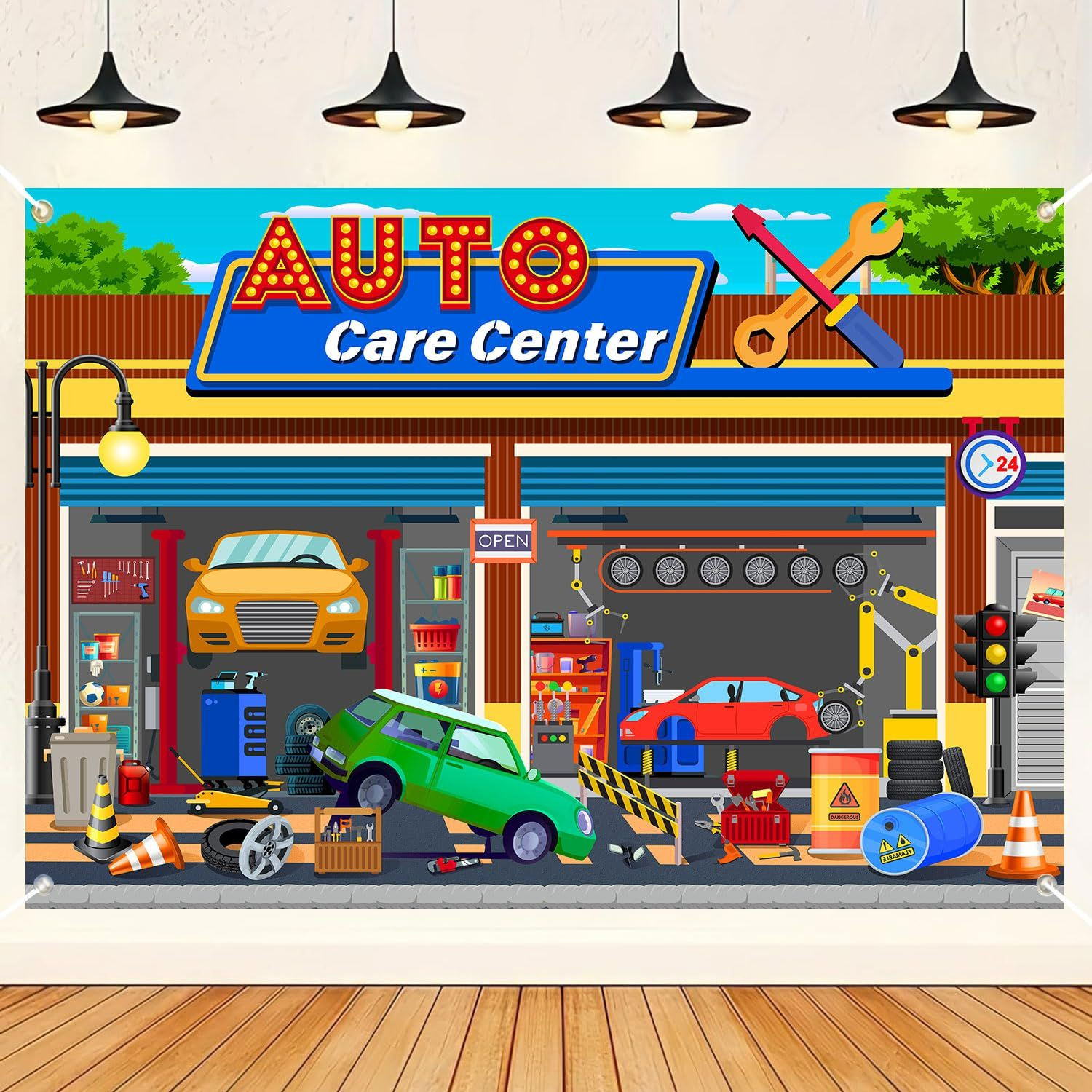 HANYING Cartoon Auto Repair Shop Backdrop for Boy Birthday 7x5ft, colorful
