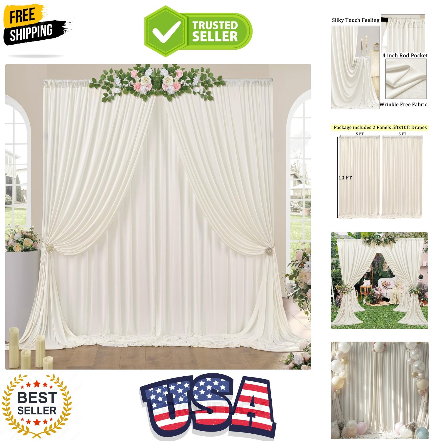 10ft x 10ft Wrinkle Free Ivory Backdrop Curtains for Parties, Polyester Photo…