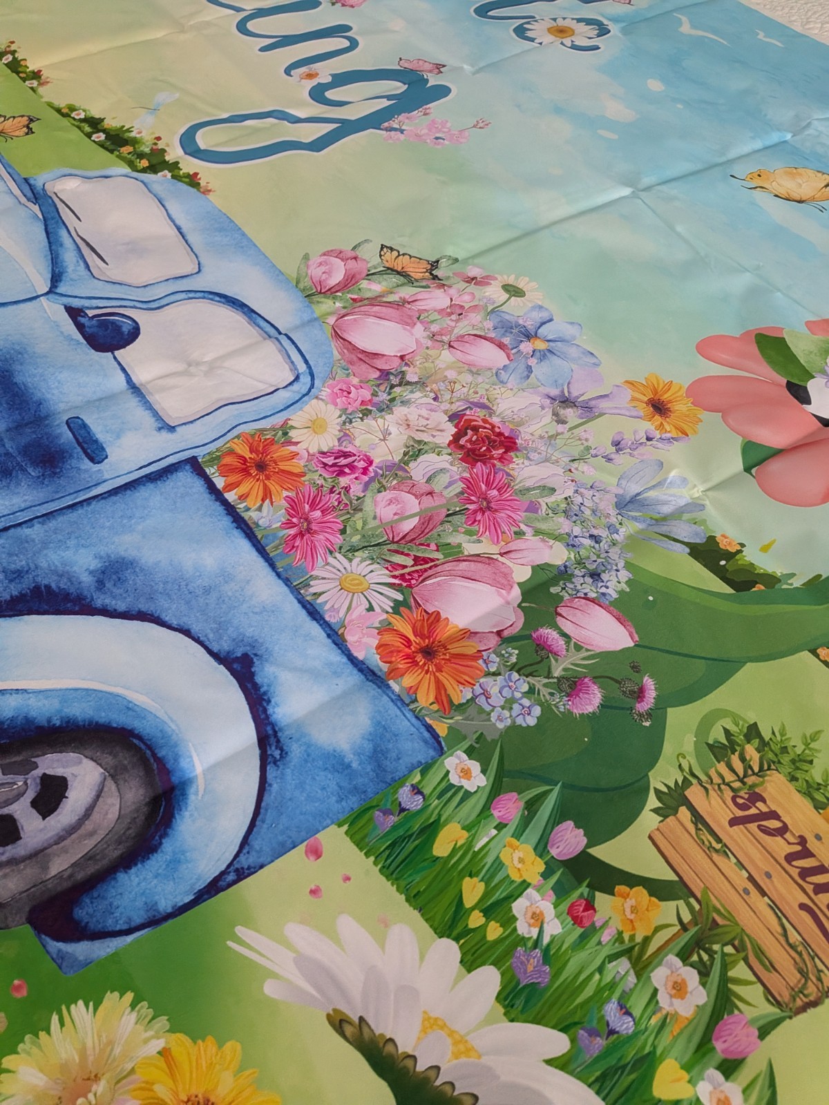 Hello Spring Banner Vibrant Floral Blue Truck Gnome Easter Party Photo Backdrop