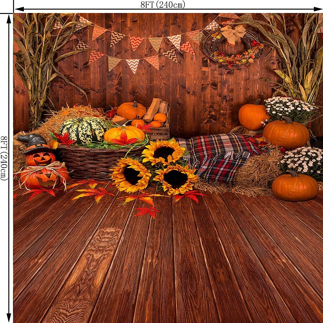 8x8FT TP295B Fall Thanksgiving Wooden Floor Barn Pumpkins Photography Backdrop