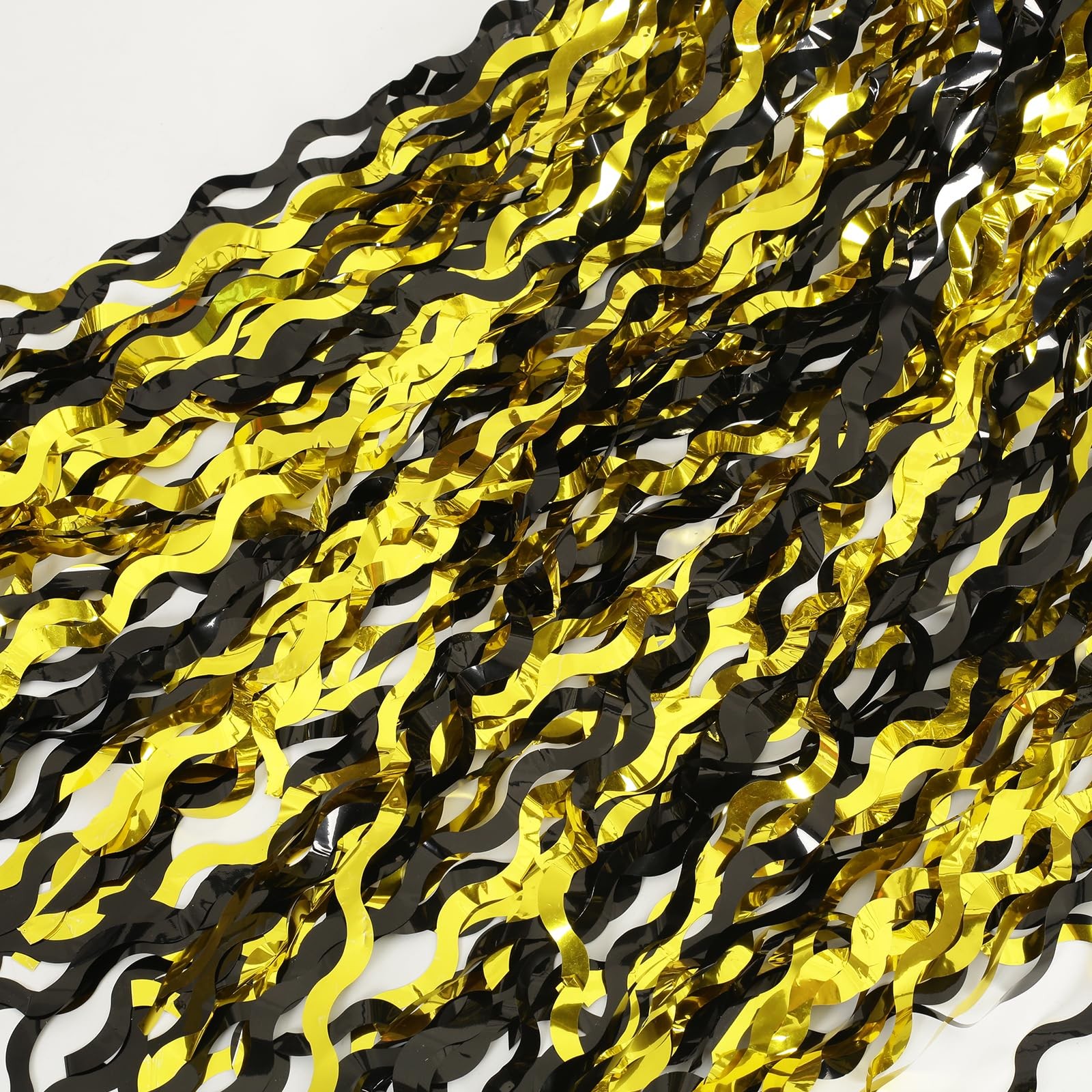 4 PCS Black Gold Wavy Foil Fringe Curtains Streamers 3.3×6.6 Ft Photo Backdrop