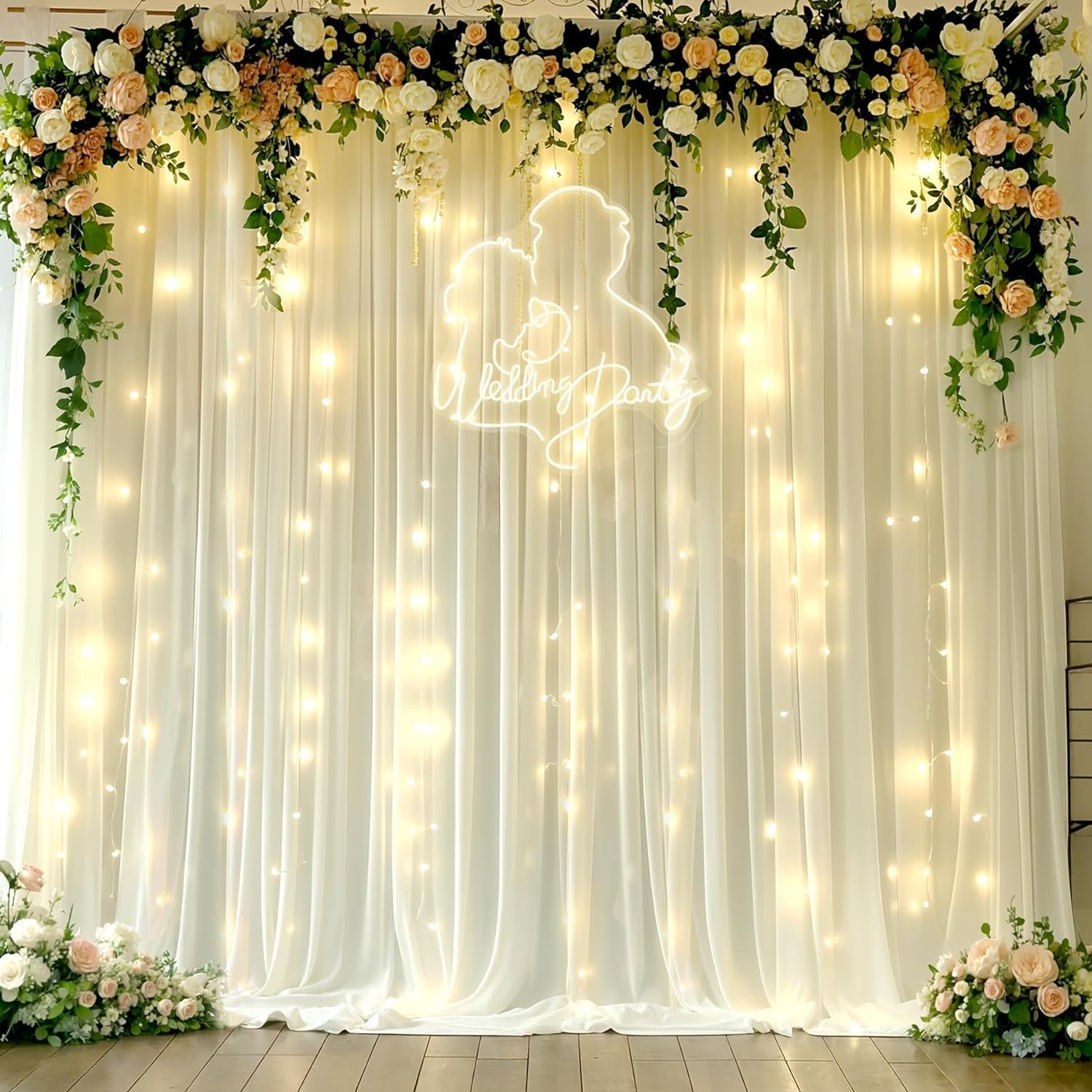 10x10ft Beige Chiffon Backdrop Curtain Lights Wedding Baby Shower Set