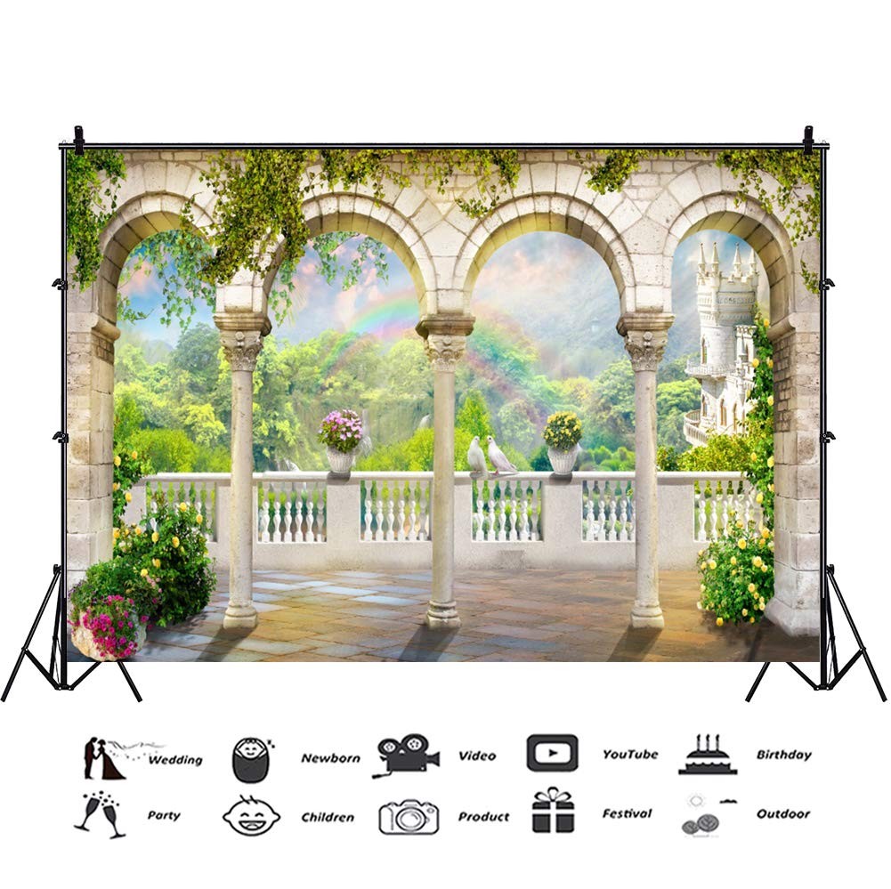 7×5 Ft Scenery Garden Arched Door Blue Sky Wedding Photography Backdrop Prop