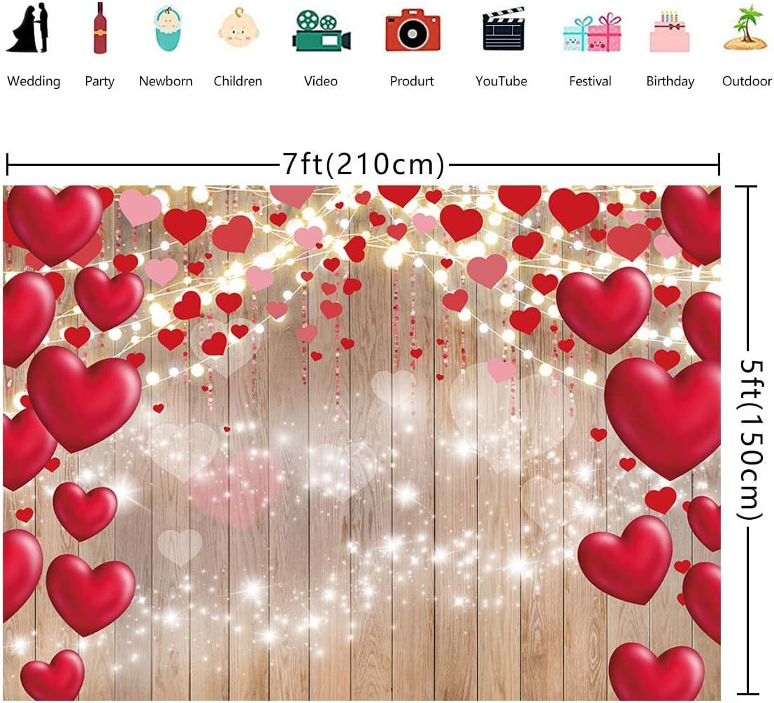 Valentine’s Day Photography Backdrop Rustic Wood Glitter Lights Red Love Heart..