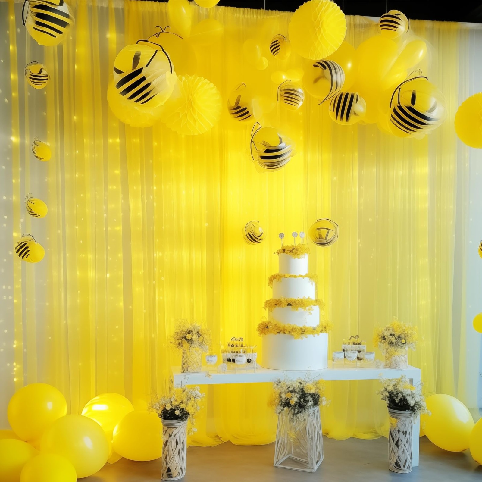 108ft Yellow Tulle Curtain Backdrop With Lights String Wedding Party Drapes
