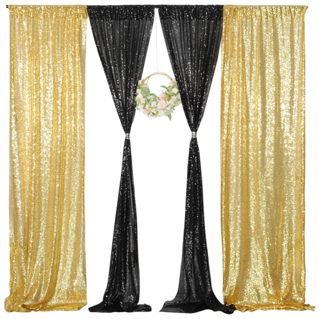 4 PCS 2×8 Ft Black Gold Sequin Backdrop Curtain Glitter Party Decor