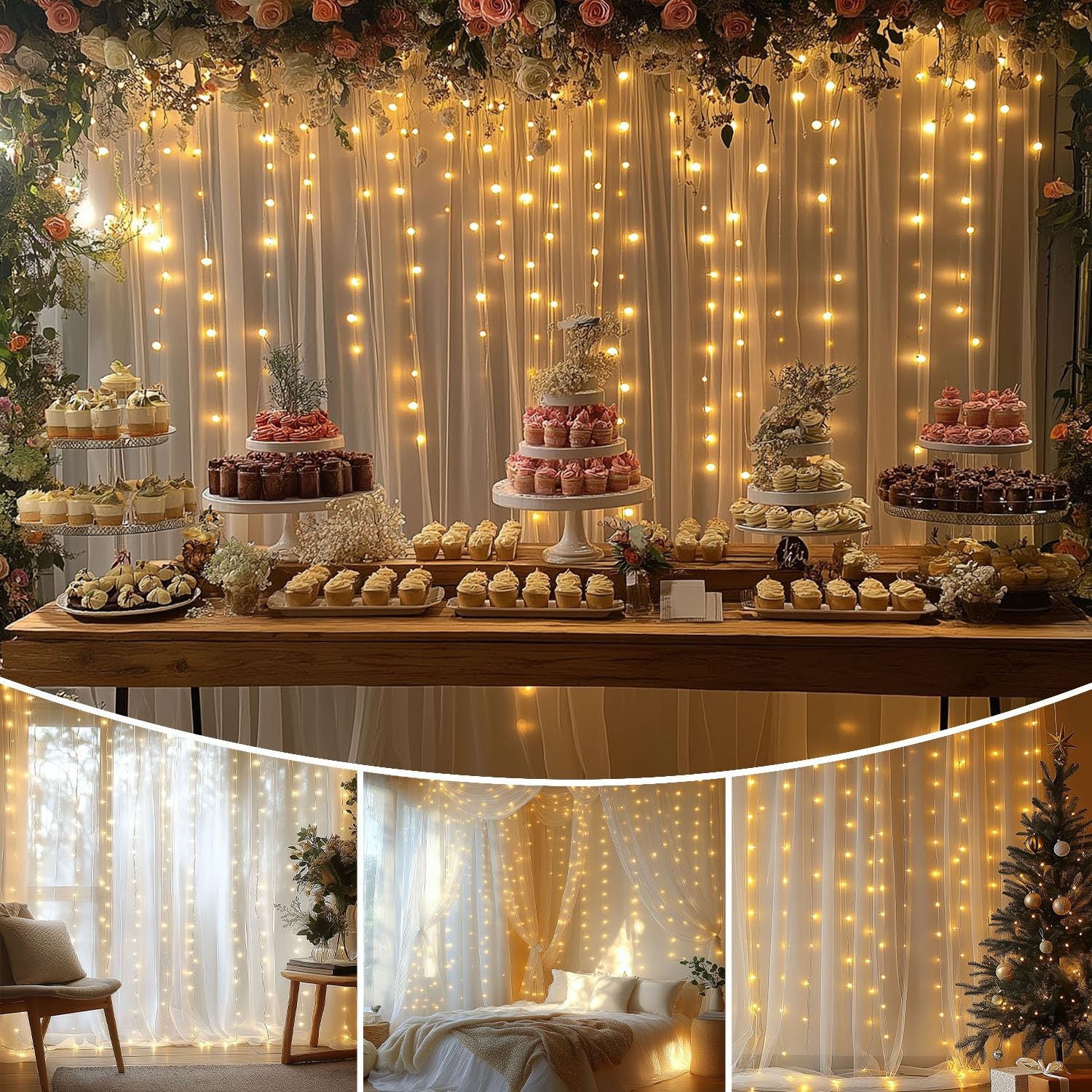EMHOLDBU 10x10ft White Tulle Backdrop Curtain with Lights String Sheer Drapes