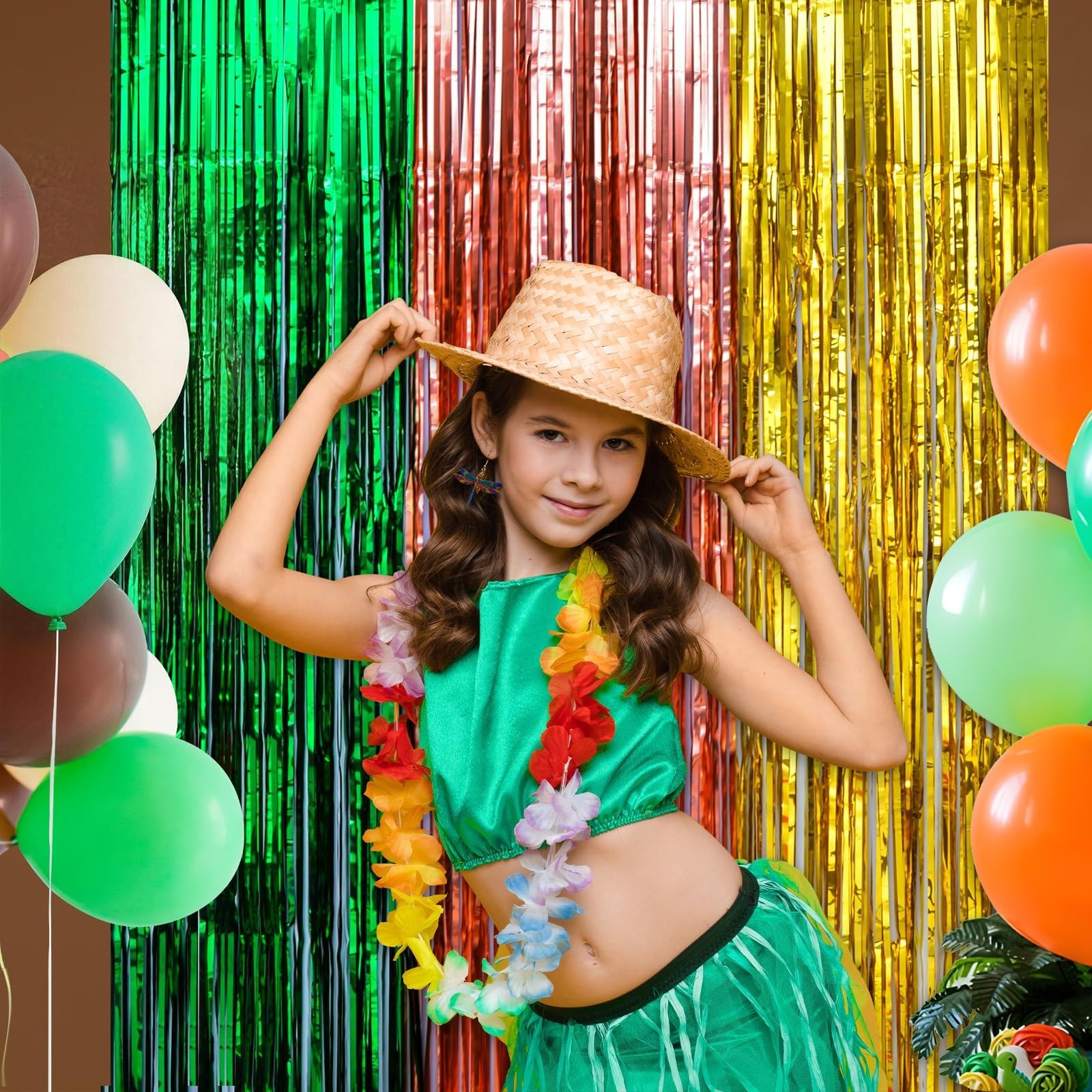 LOLStar Hawaiian Luau Foil Fringe Curtains, 2 PACK, Green Brown and Yellow