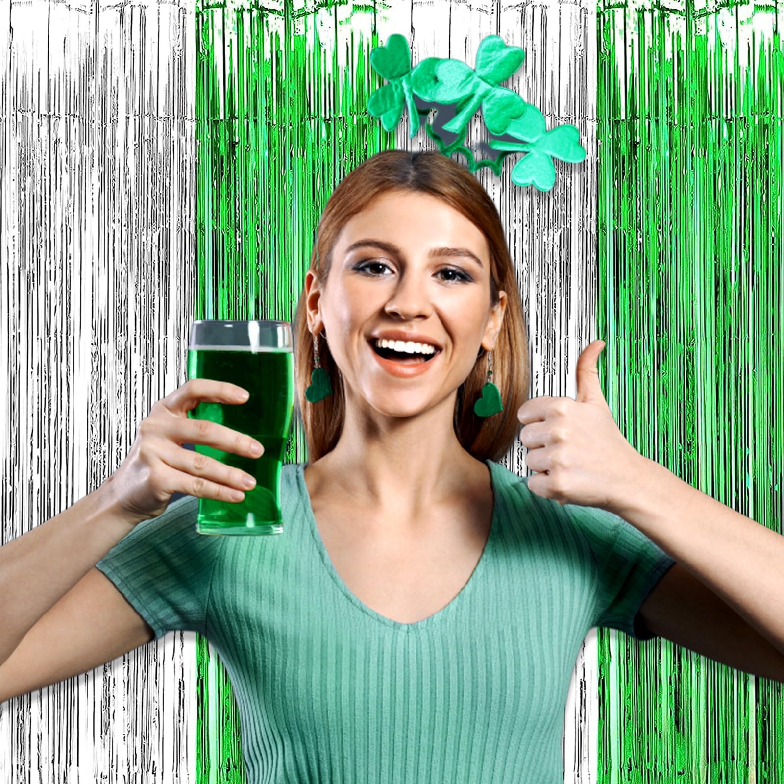 Silver Green Metallic Tinsel Foil Fringe Streamer Curtain Backdrops 6 Pack