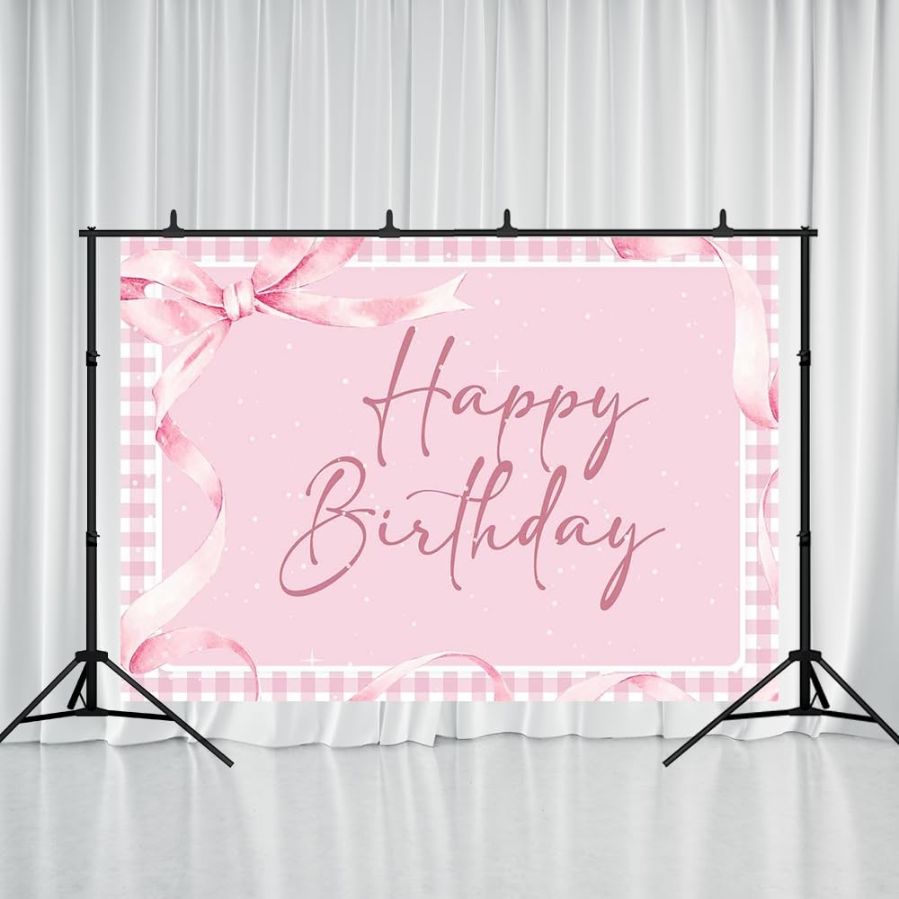 Coquette Pink Bow Happy Birthday Backdrop 7x5ft – Elegant Pink Gingham with R…