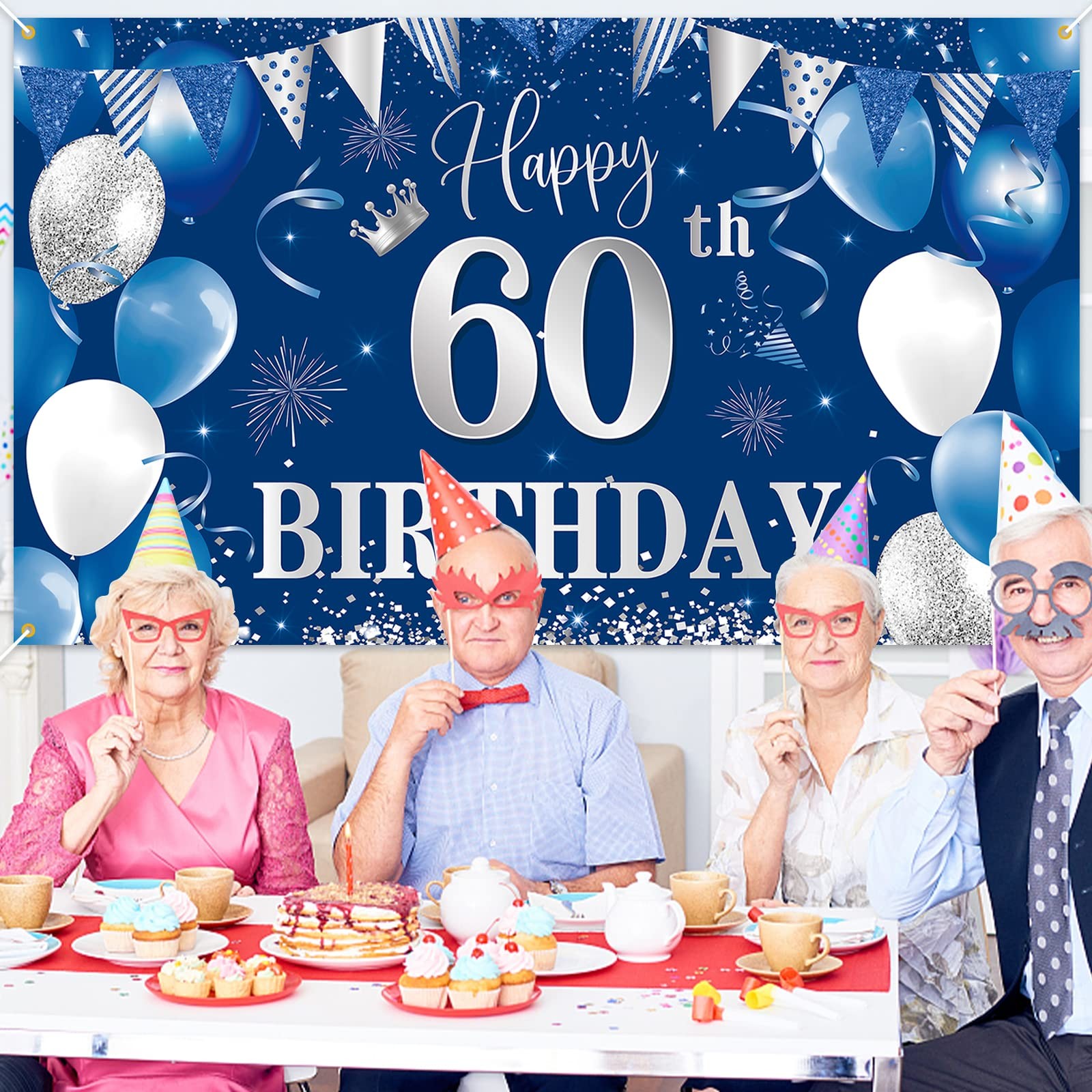 60th Birthday Banner Backdrop,BTZO Happy One Size, Blue Silver 60