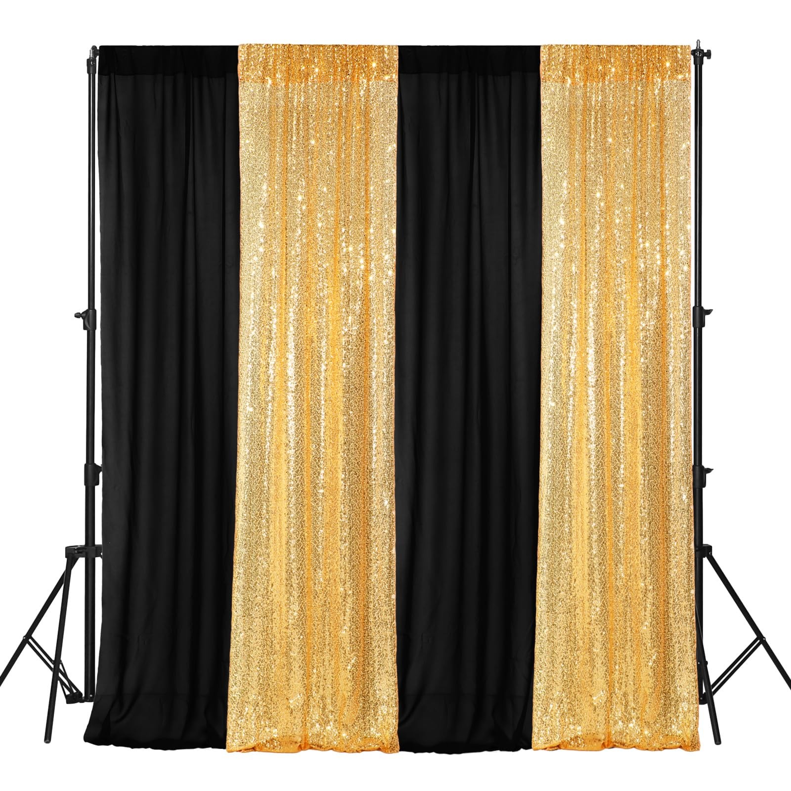 4 PCS Backdrop Curtains 4x10ft Sequin 7x10ft Chiffon Photo Black Gold