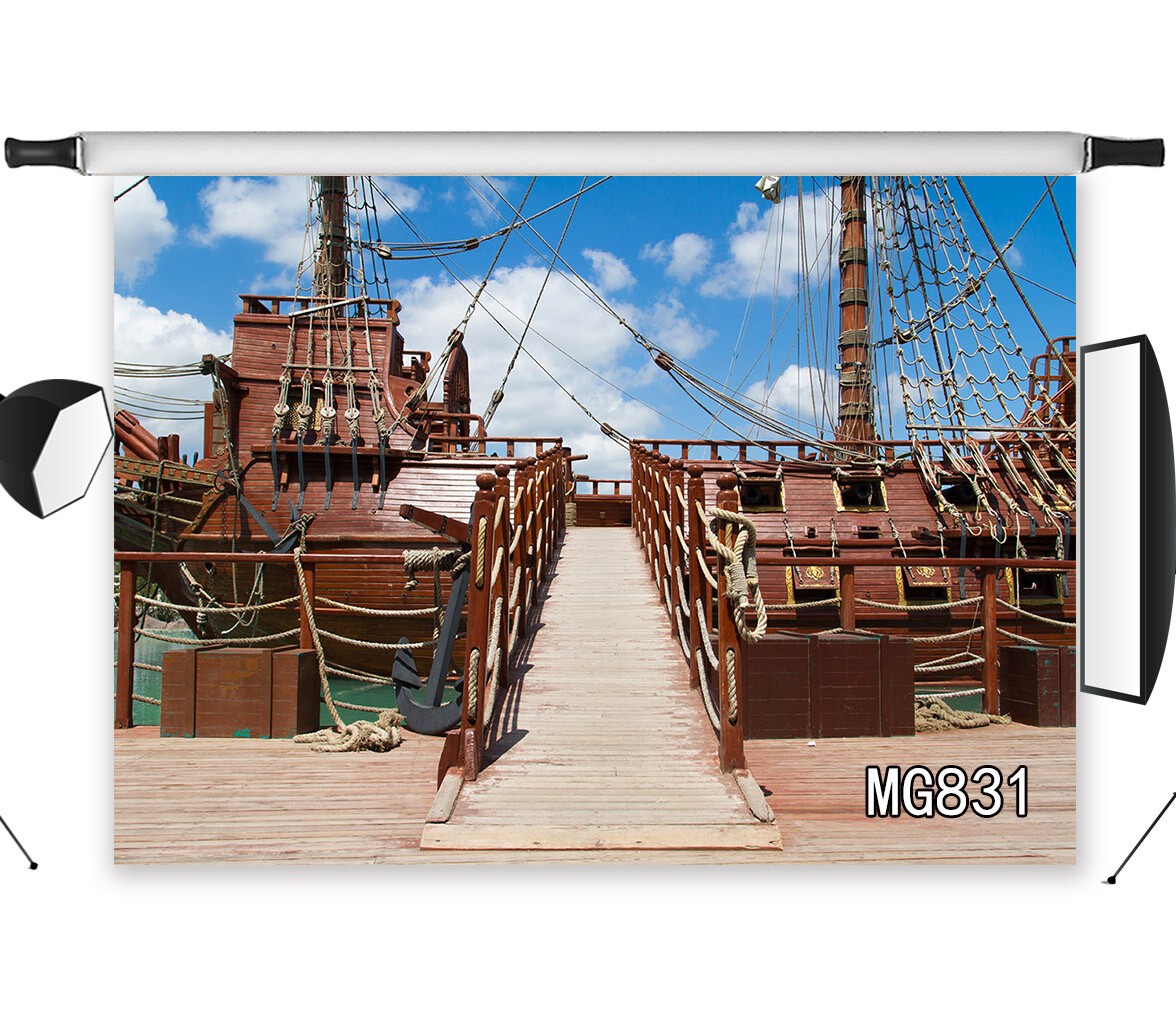 10x8ft Blue Sky Cloud Pirate Ship Scenic Vinyl Photo Background Studio Backdrop