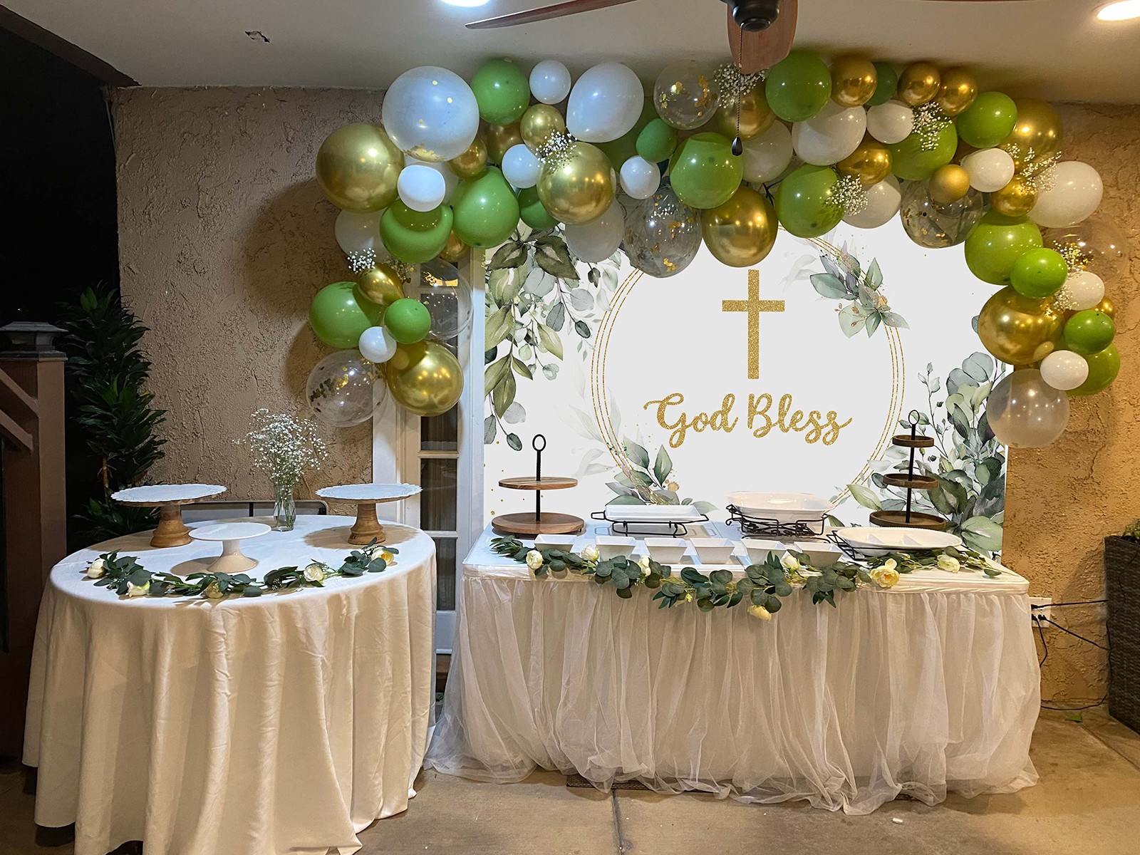 God Bless Backdrop 7×5 FT Eucalyptus Green Leaves Baby Shower Party Decor