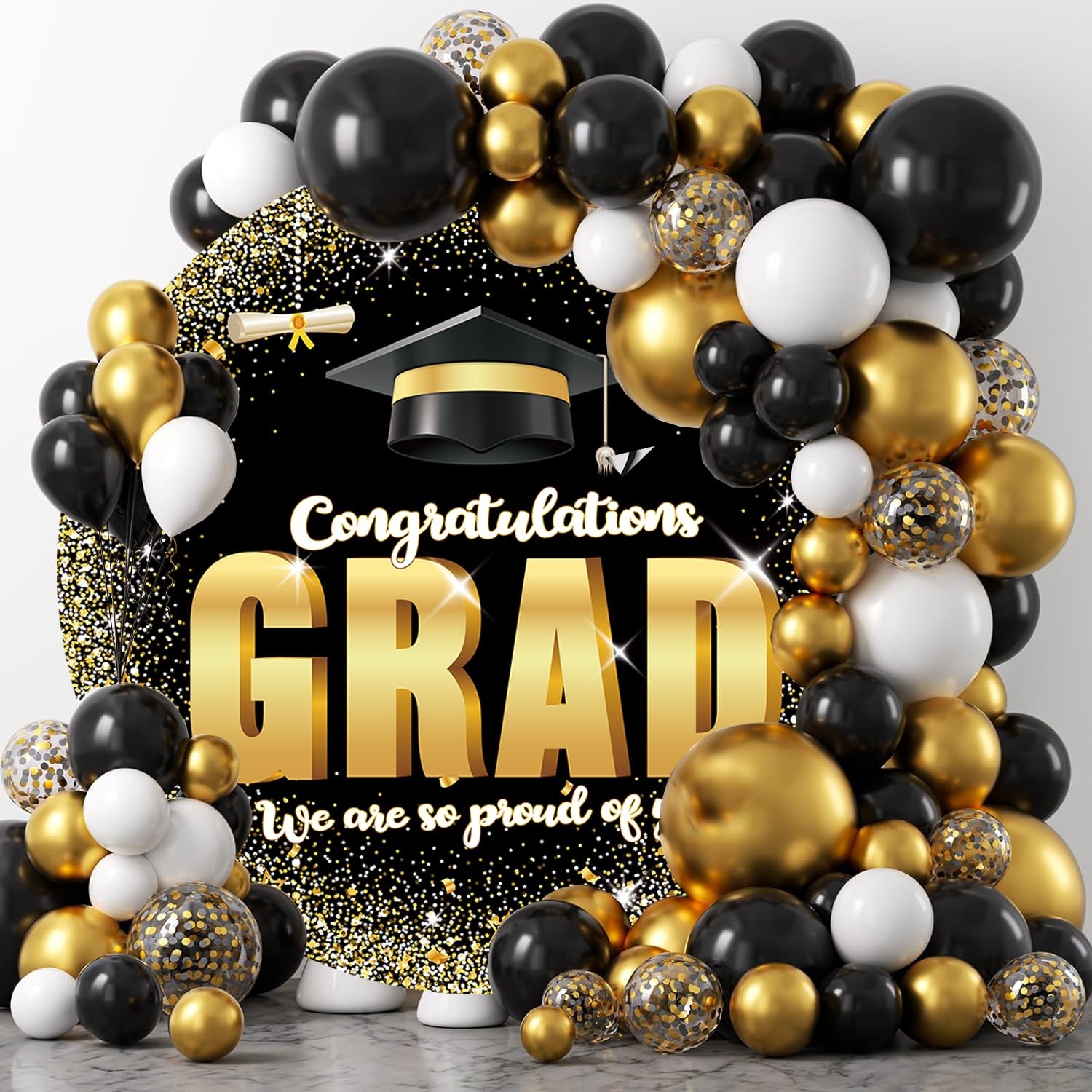 6.5FT Graduation Round Arch Backdrop 78 inches x 78 inches, Black and Gold