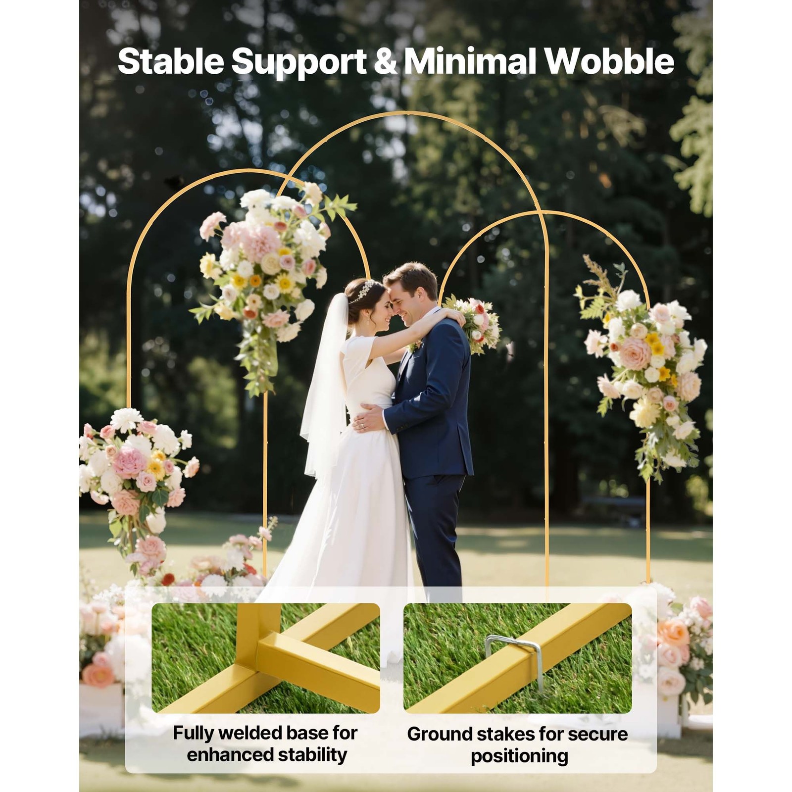 Gold Arch Stand Set — 8ft, 7.2ft, 6.6ft, Powder-Coated Steel, Indoor/Outdoor Use