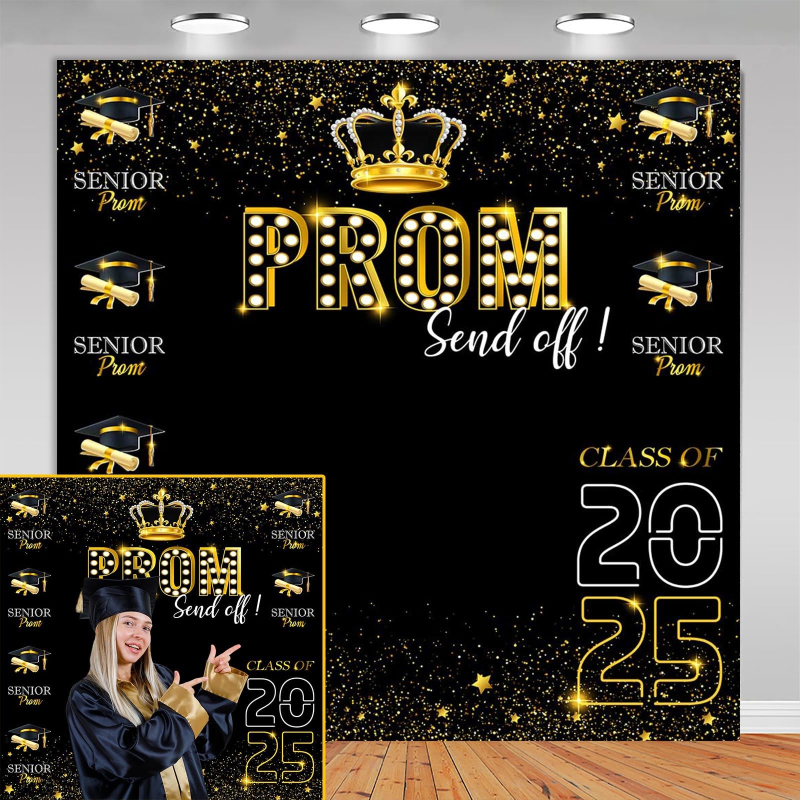 70.8×70.8 Prom 2025 Backdrop, Gold, Congratulations, Graduation Party Bkgd