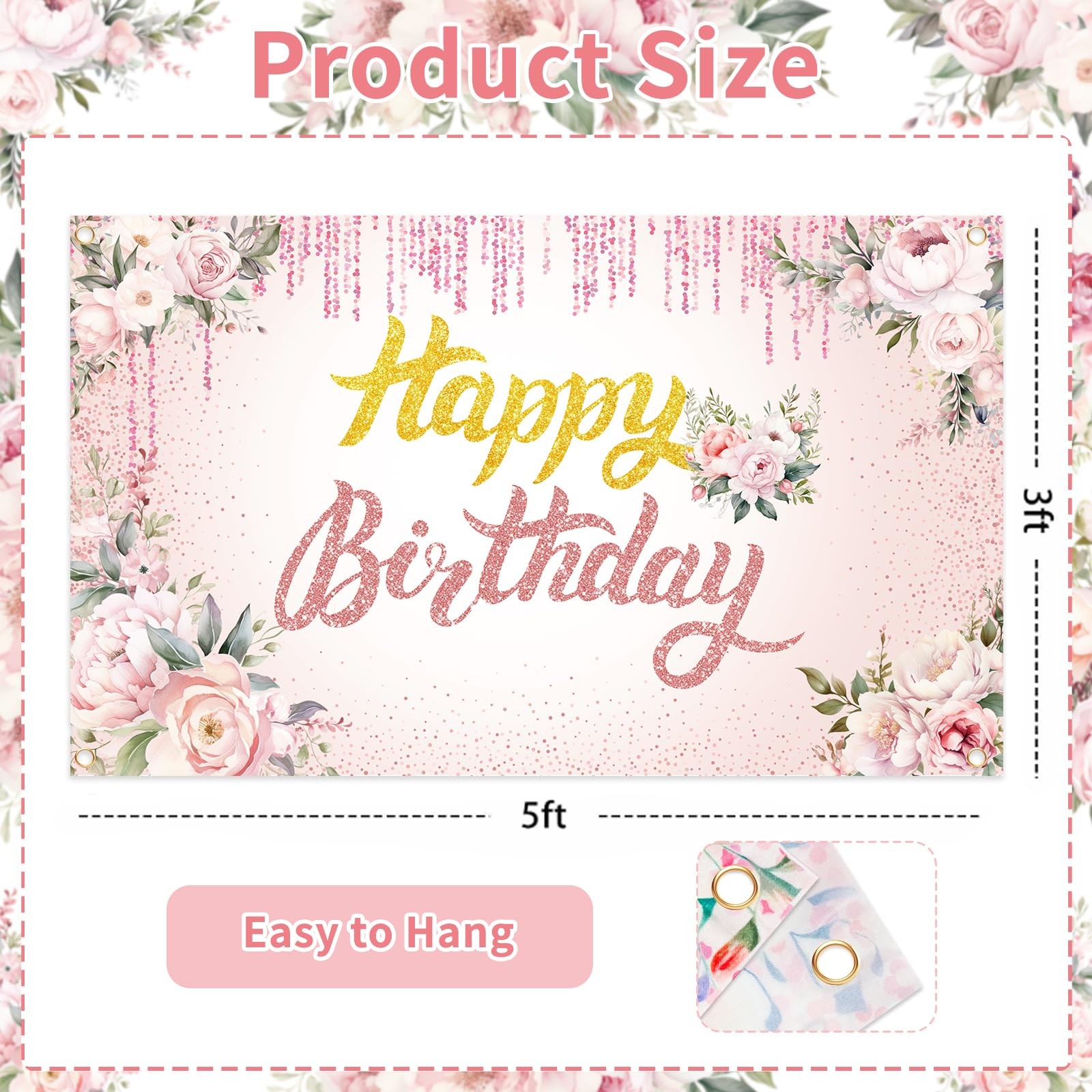 Happy Birthday Backdrop Banner, 3 x 5Ft Floral Background Party Supplies Pink…