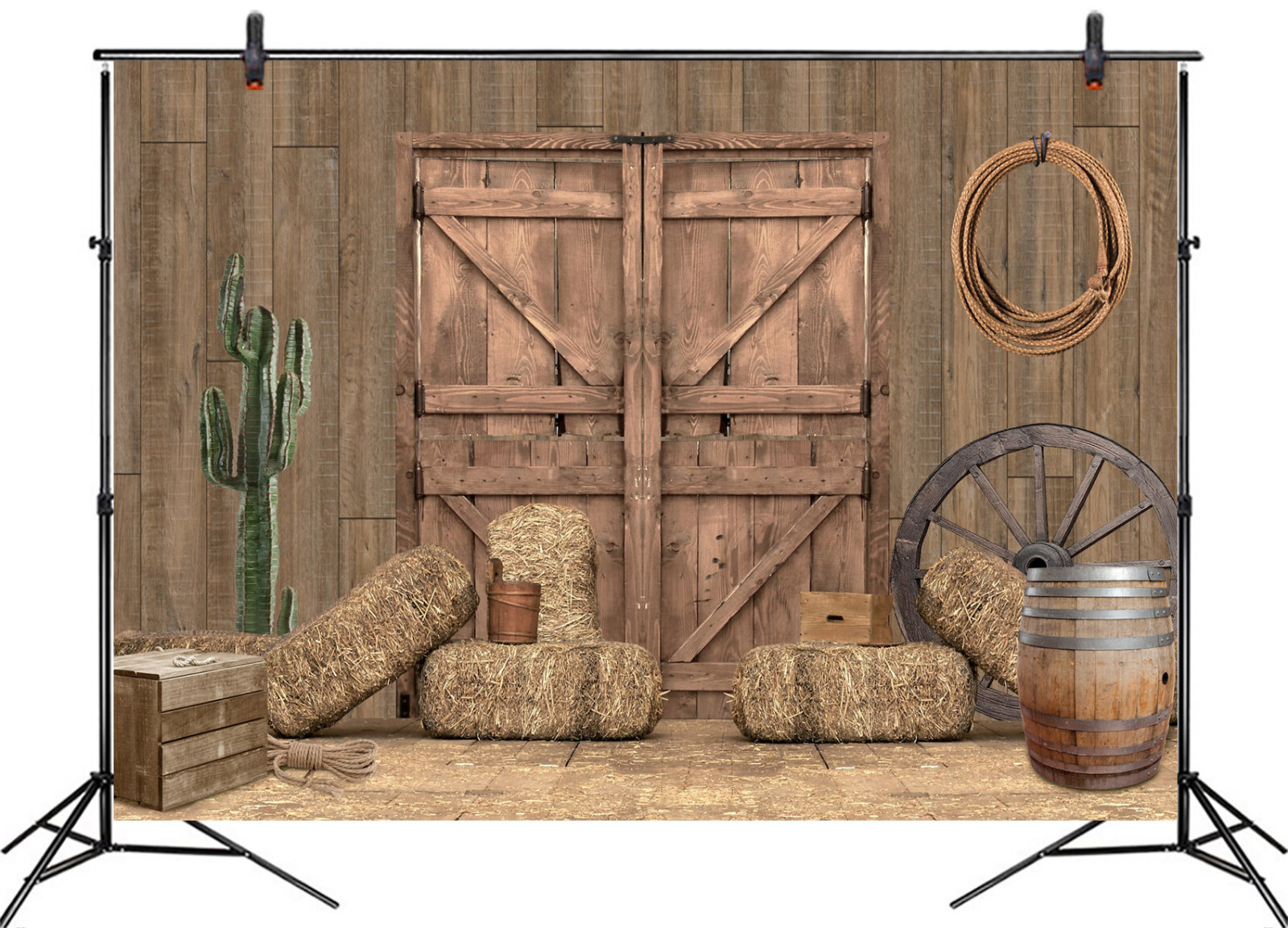 10x8ft Western Green Cactus Wood Barn Door Brown Vinyl Backdrop Photo Background
