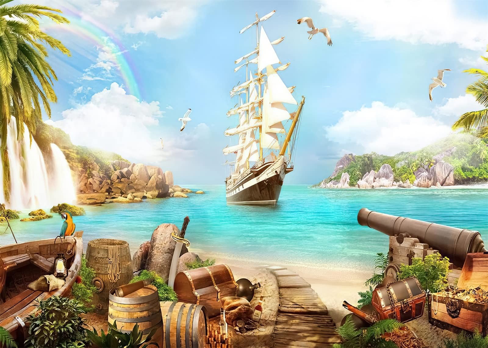 BELECO 9x6ft Fabric Beach Island Backdrop – Pirate Theme Party 9x6FT, A14795