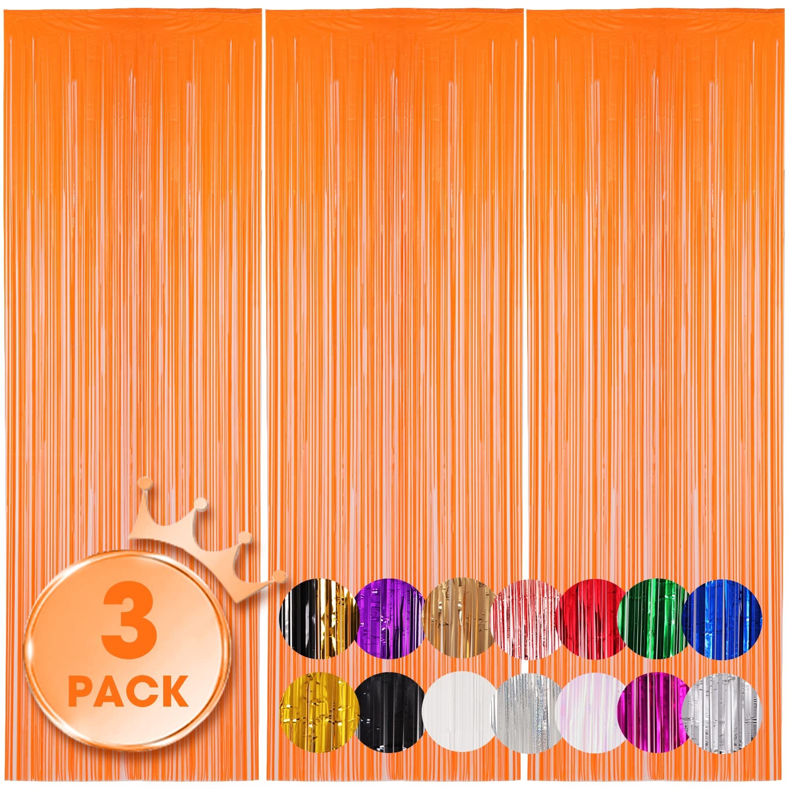 3 PCS Orange Foil Fringe Backdrop Curtains Tinsel Streamers Party 3.3×8.2 FT