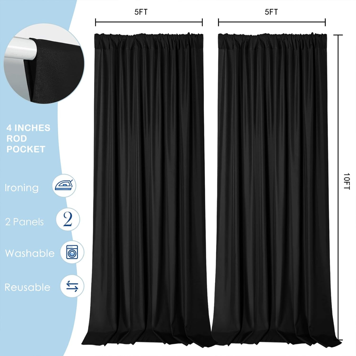 10×10 Ft Black Photography Backdrop Curtains 2 Panels Rod Pocket Drapes