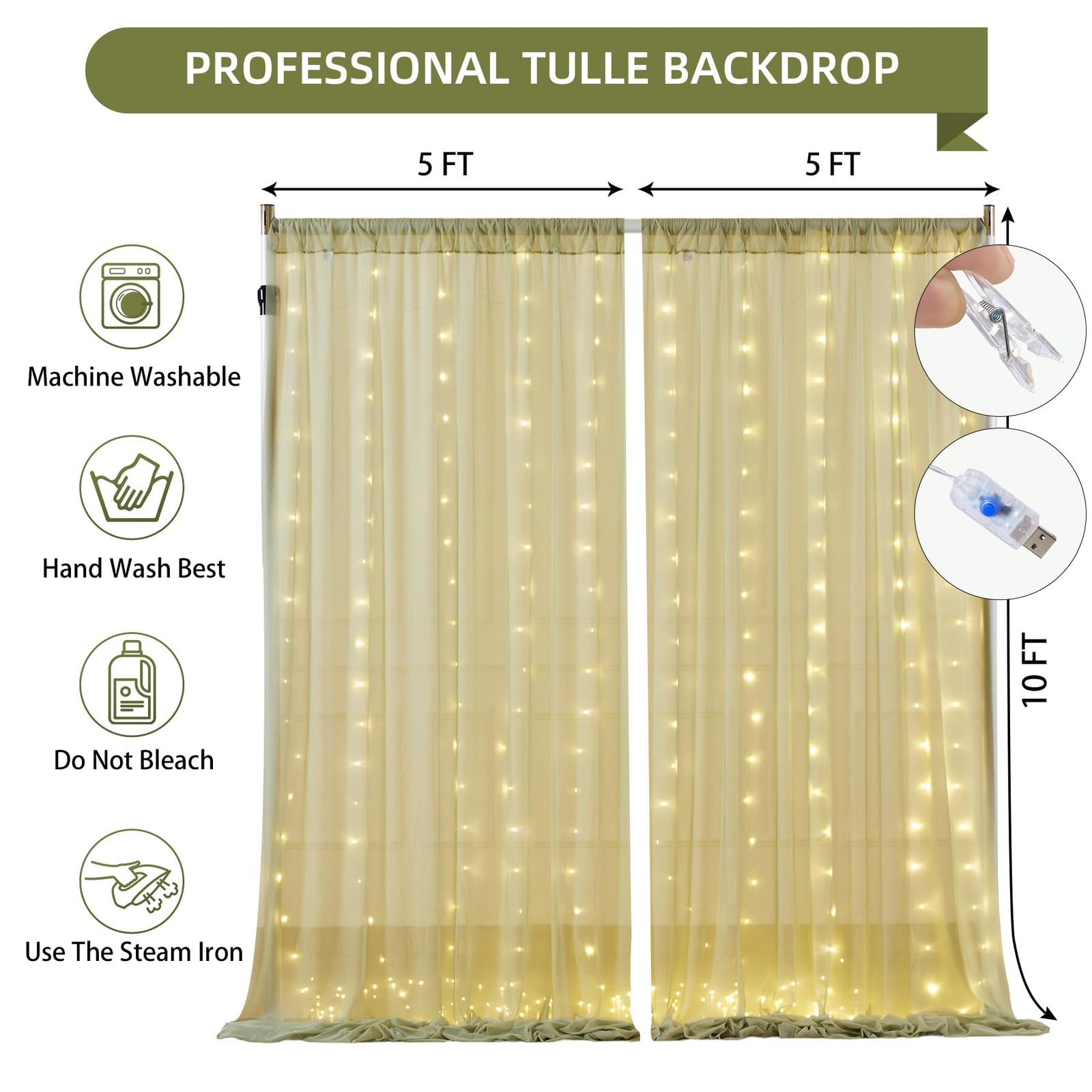 10×10 Ft Green Wrinkle Free Backdrop Curtain With Light String Wedding Party