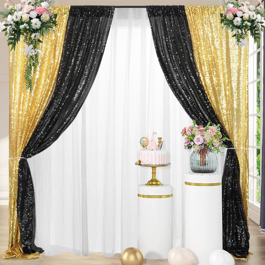 4 PCS 2×8 Ft Black Gold Sequin Backdrop Curtain Glitter Party Decor