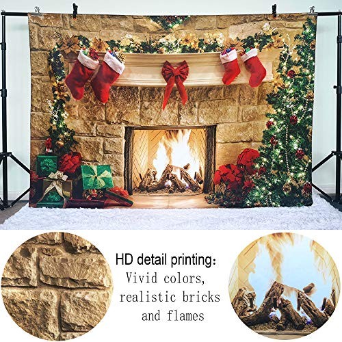 7x5ft Christmas Fireplace Theme Backdrop for Photography Tree Sock 7ft by 5ft