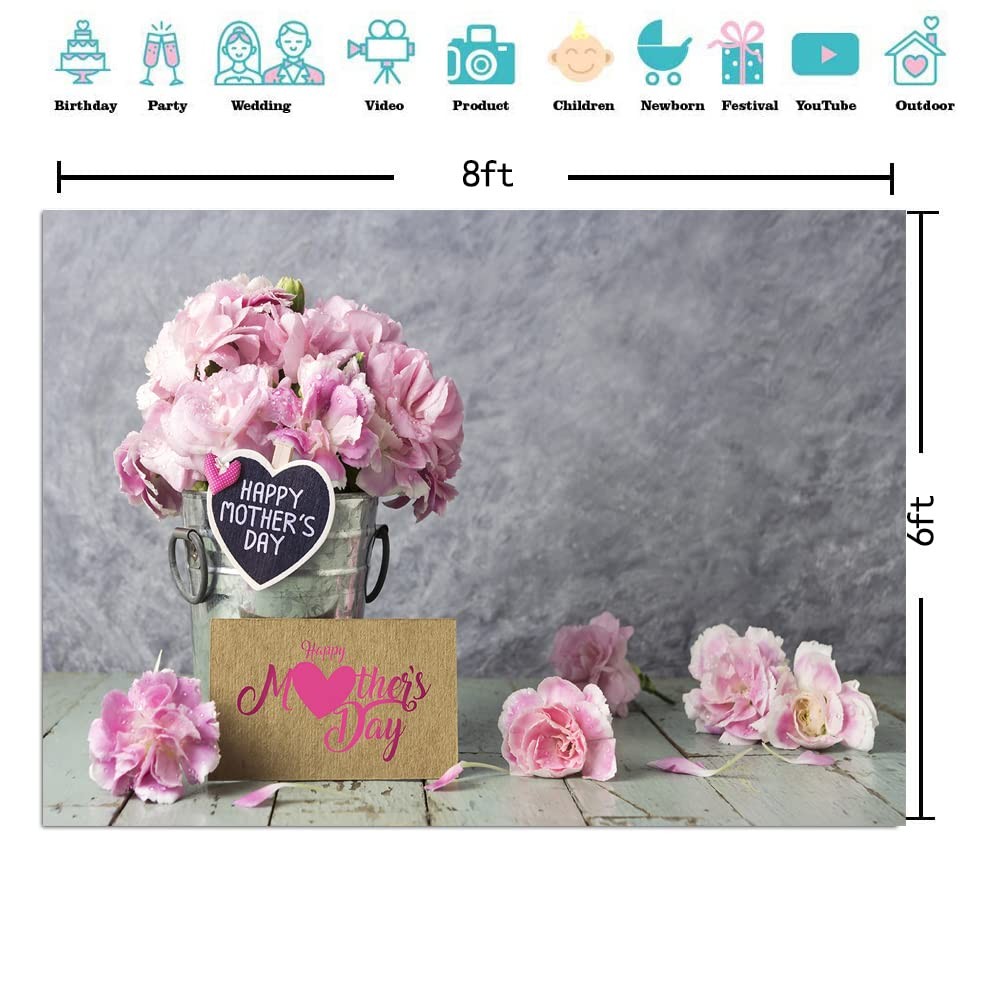 8x6ft Happy Mother’s Day Backdrops Pink Carnation Background Wood Floor Backgrou