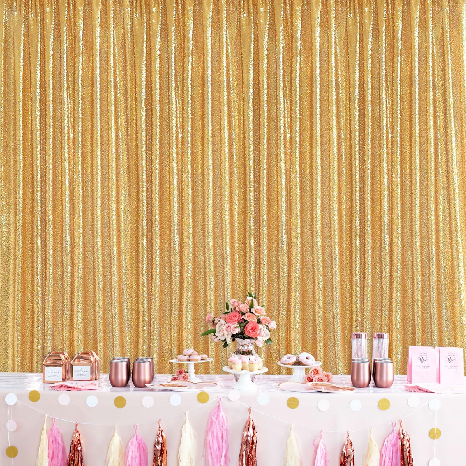 3 PCS 2×8 Ft Gold Backdrop Curtain Glitter Sequin Background Party