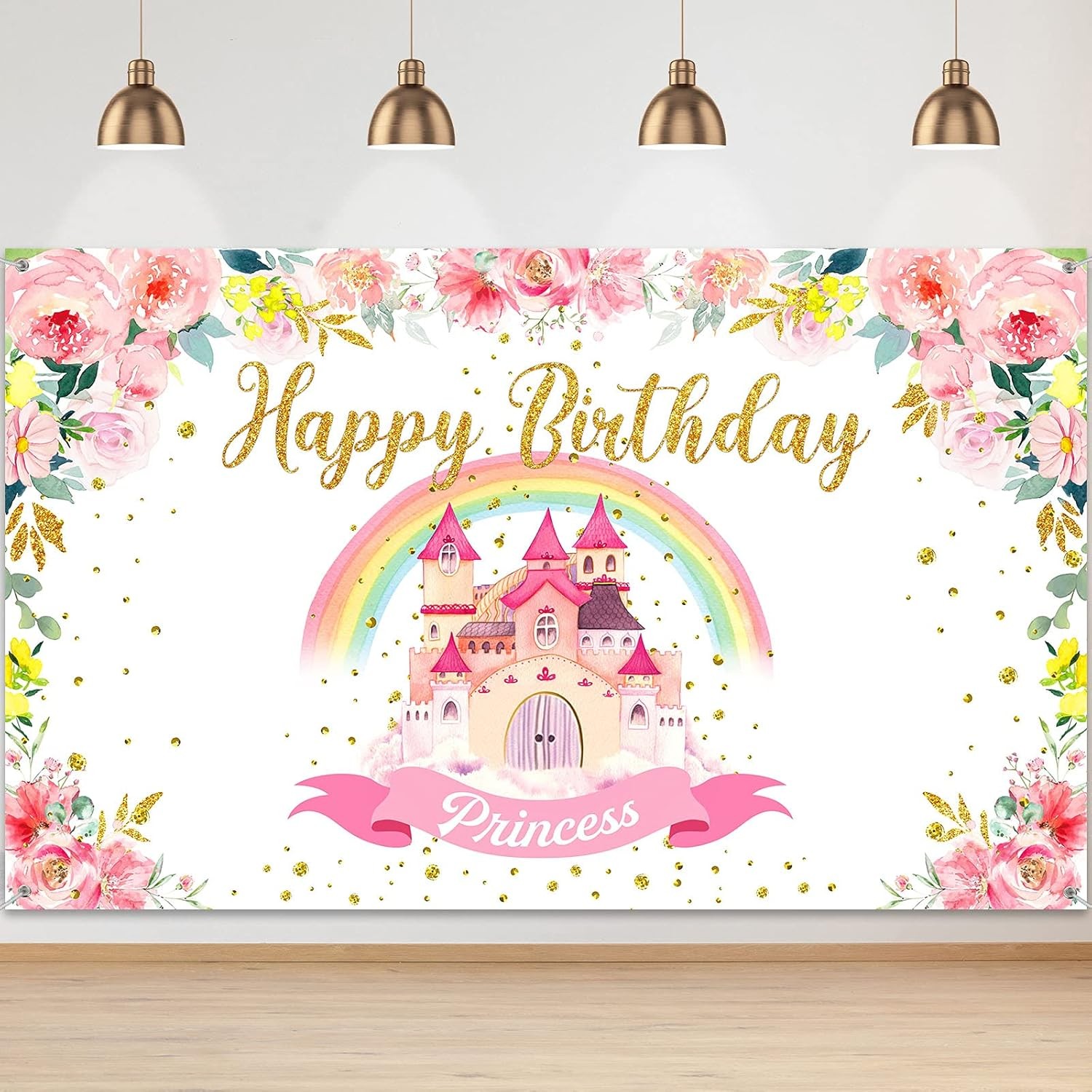 Tegeme Princess Birthday Party Backdrop Pink Royal Castle Large, Pink,Rainbow