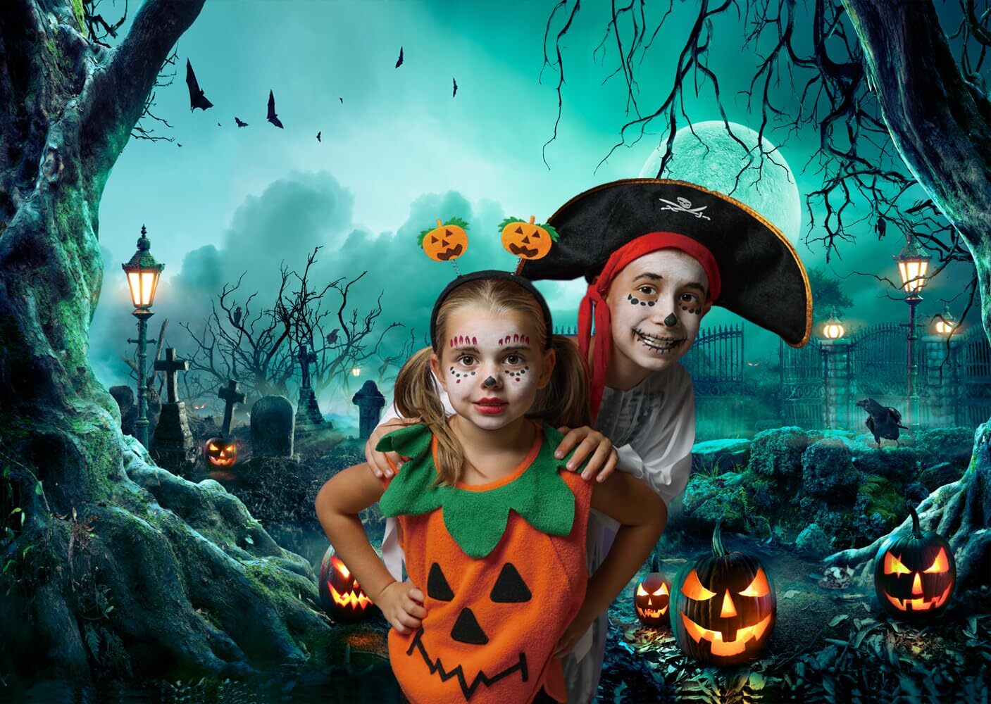7X5FT Horror Moon Night Cemetery Backdrop Halloween Pumpkin Lantern Photo