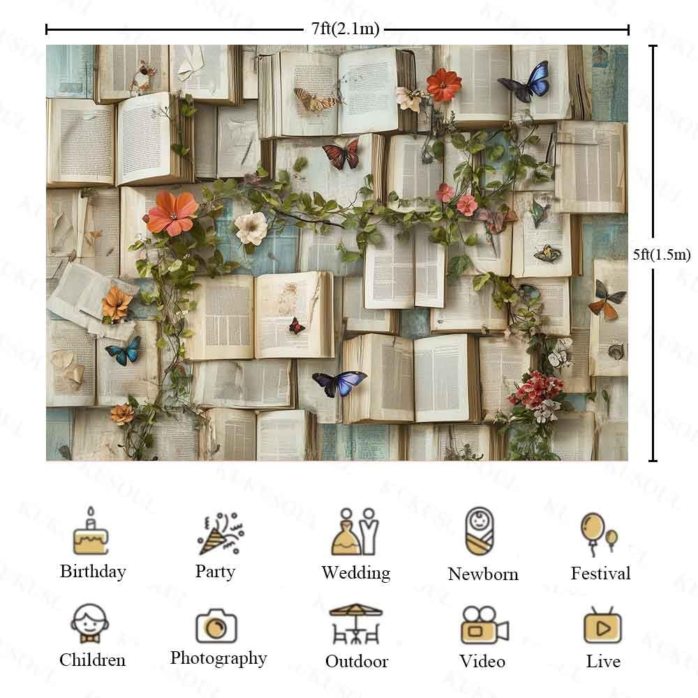 7x5ft Books Theme Photo Backdrop Flowers Bookshelf Floral Photography Background
