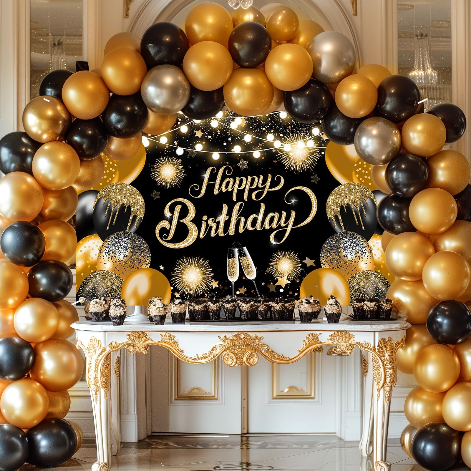 Happy Birthday Banner Glitter Black Gold Happy Birthday Backdrop Photo Backgr…