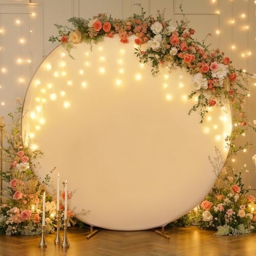 7.2FT White Round Backdrop with LED Fairy Lights for Weddings, Parties & Photos