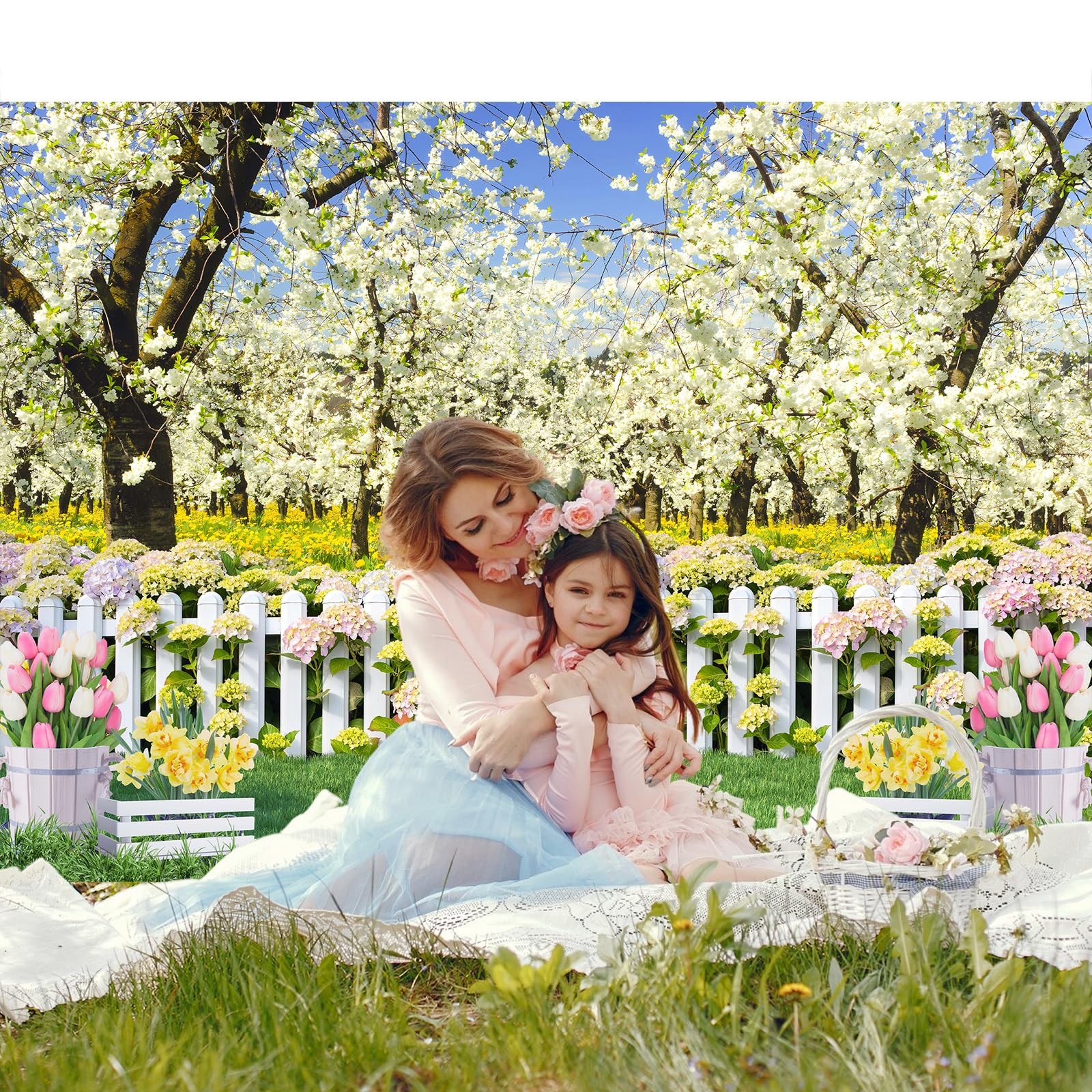 Spring Backdrop Banner 7x5Ft White Yellow Flower Floral 7x5Ft, white