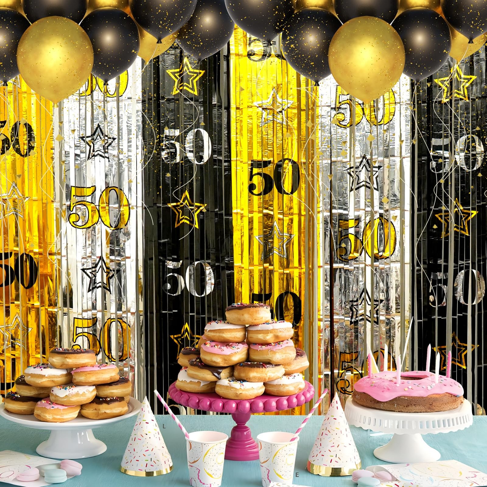 2 PCS 3.3×6.6ft 50th Birthday Backdrop, Black Gold Silver, Foil Fringe Curtain
