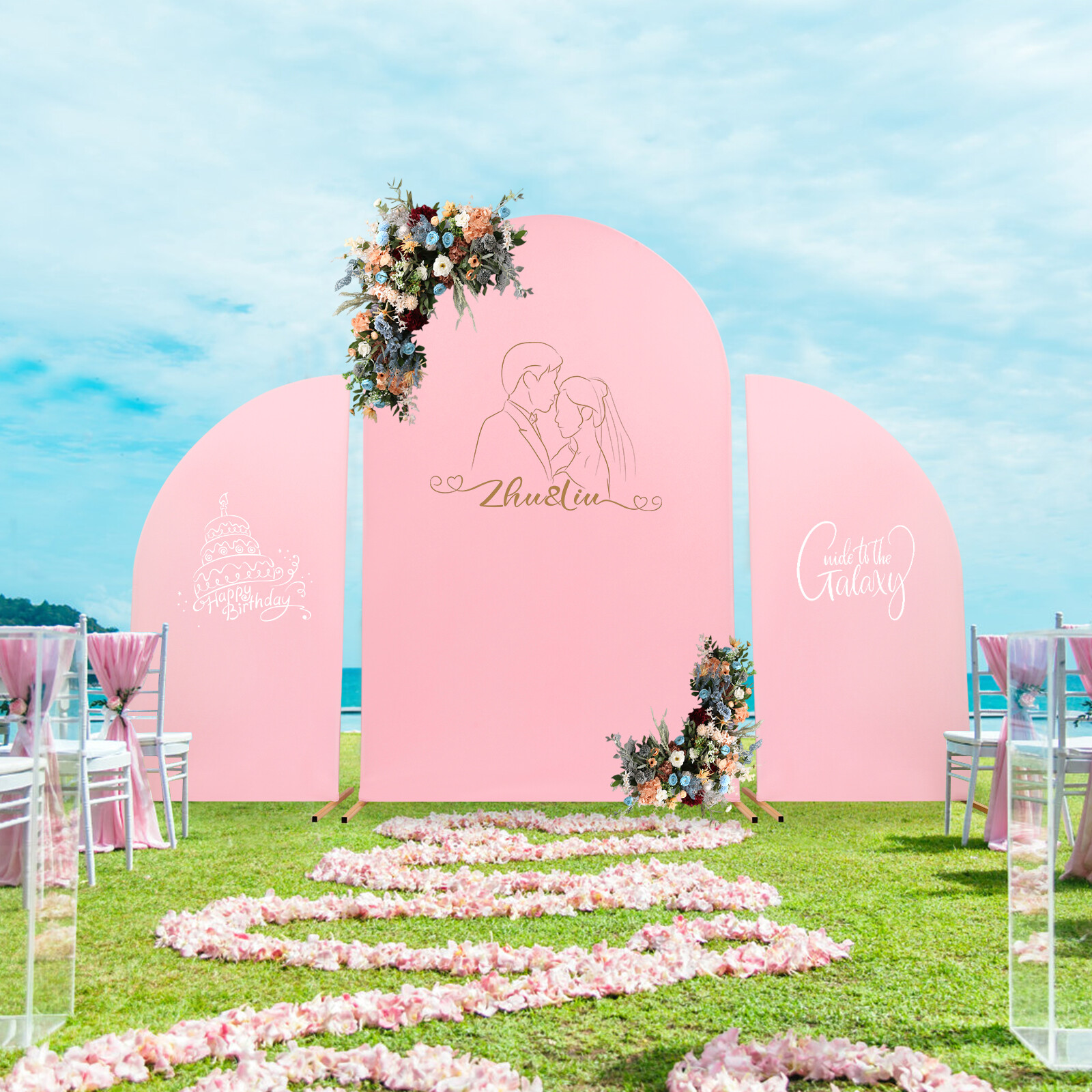 Pink Wedding Arch Cover & Golden Wedding Arch Backdrop Stand Set Party Ceremony