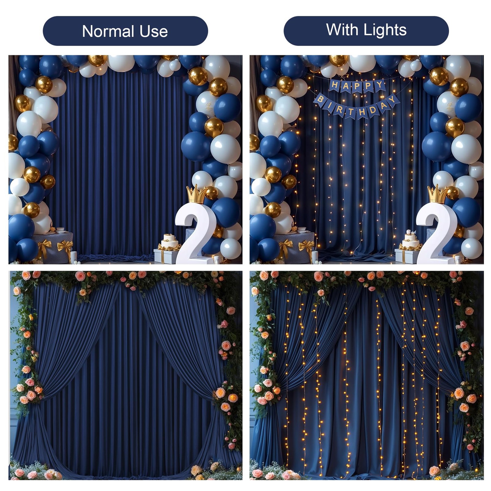 10x10FT Navy Blue Backdrop Curtains, Lights, 2 Panels 5x10ft, Wrinkle Free