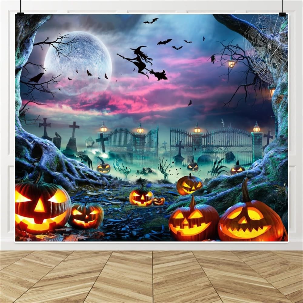 Halloween Backdrop Background 10x8ft Scary Full Moon Pumpkin Cemetery Hallowe…